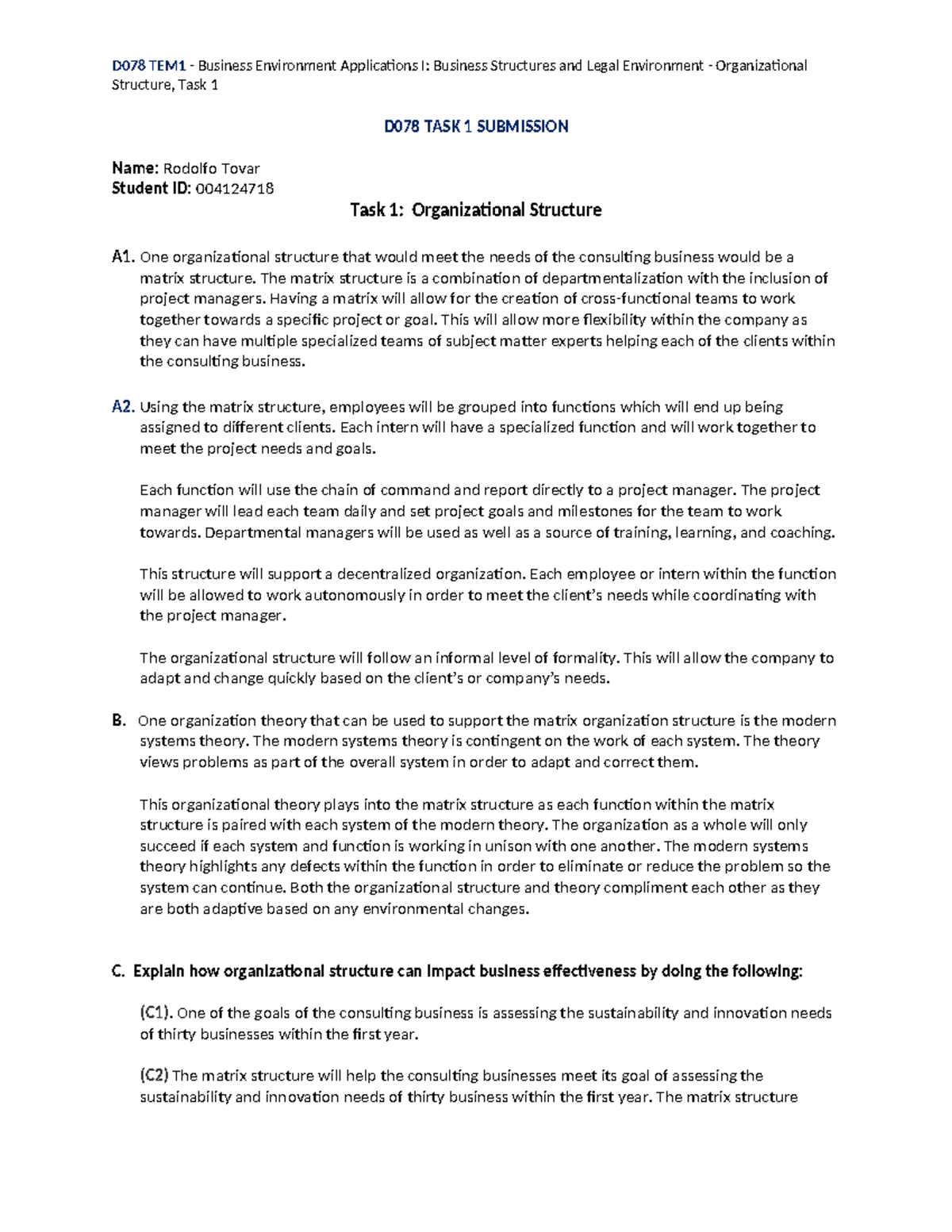 D078 - Task 1 - Rodolfo Tovar - D078 TEM1 - Business Environment ...