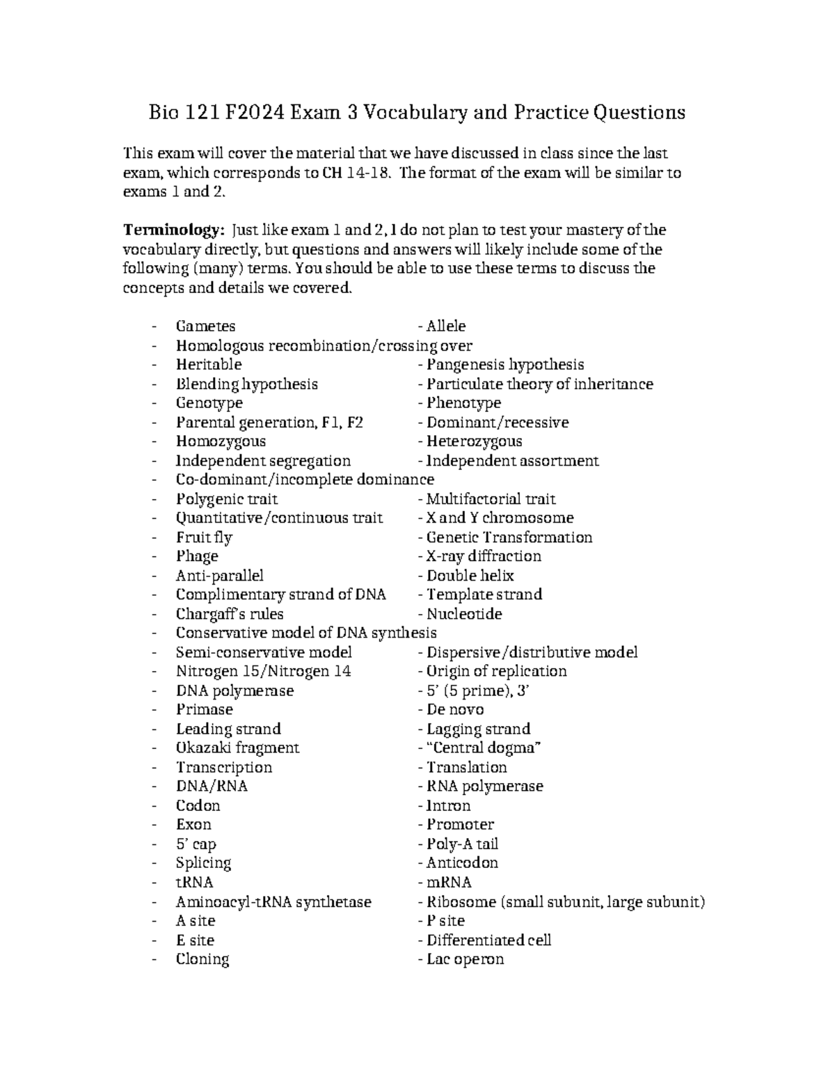 Bio 121 F2024 Exam 3 Study Guide - Bio 121 F2024 Exam 3 Vocabulary and ...