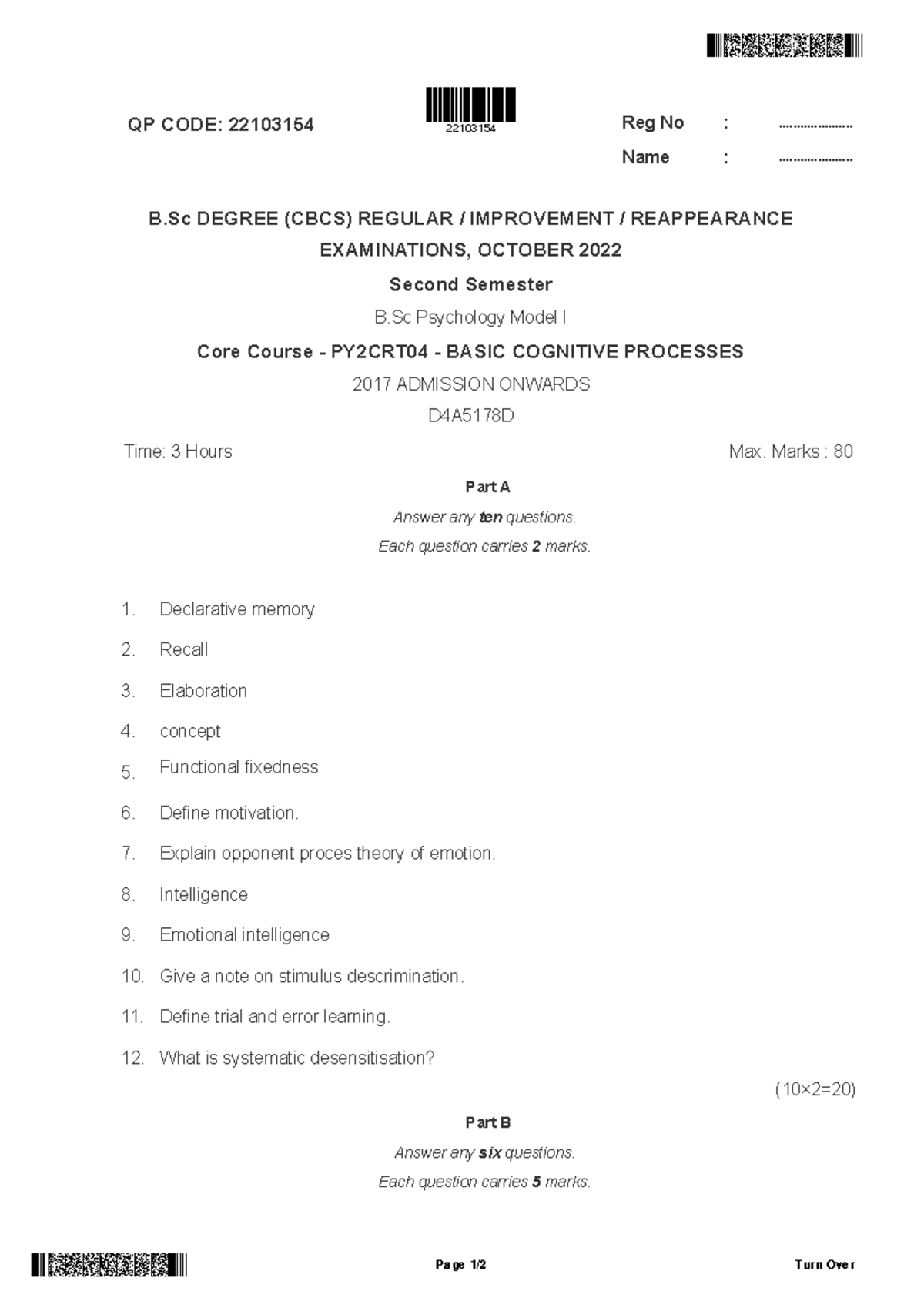 B.Sc Psychology PY2CRT04 Basic Cognitive Processes Exam QP 2022 - Studocu