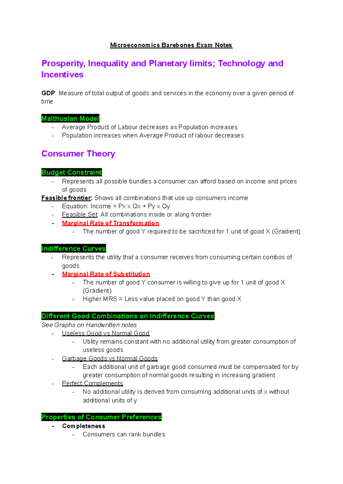 Microeconomics 101: Final Exam Notes on Consumer Theory & Market ...