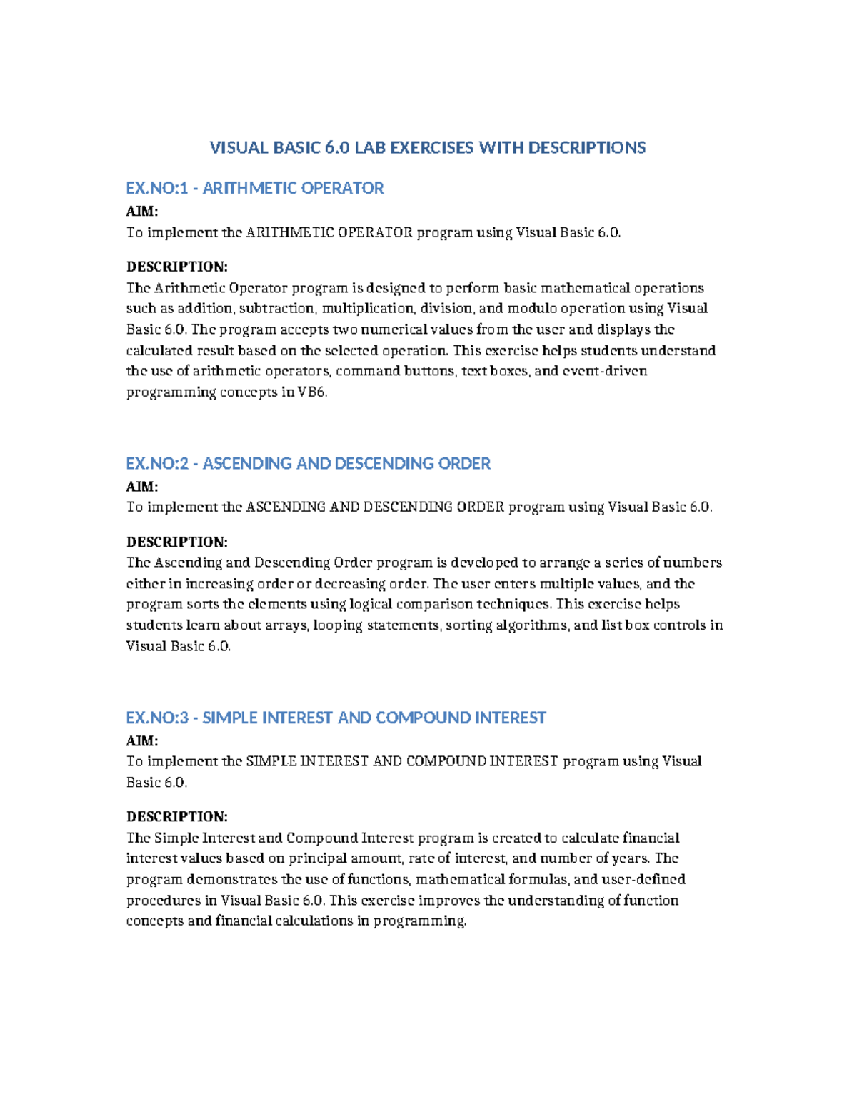 VB6 Lab Exercises: Comprehensive Guide to Programming Concepts - Studocu