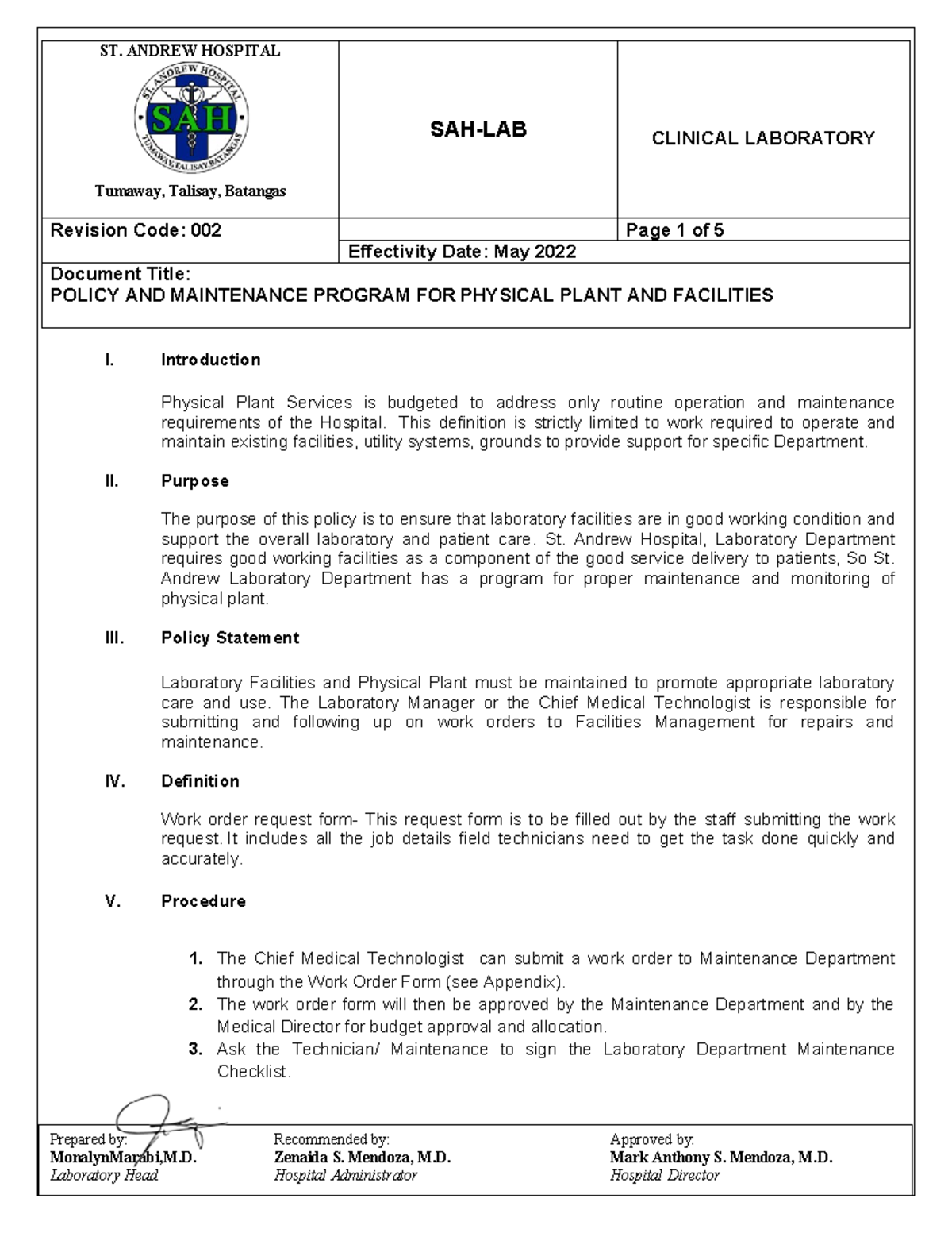 SAH-LAB 578781491 Policy & Maintenance Program for Physical Facilities ...