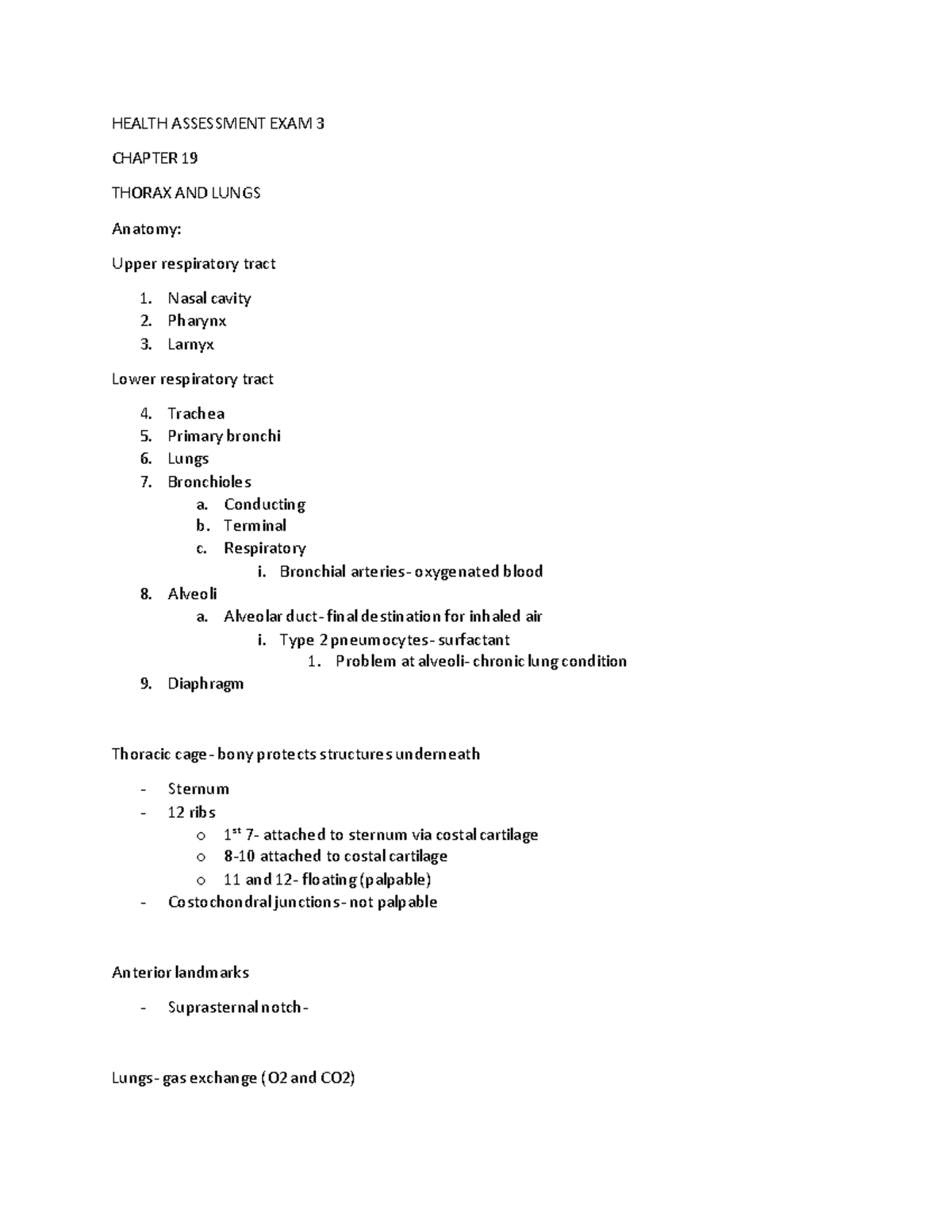 Health Assessment Exam 3: Thorax and Lungs Overview - Studocu