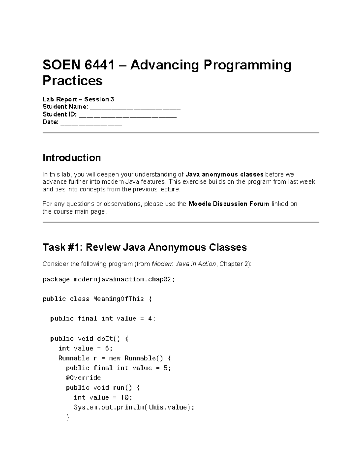 SOEN 6441 Lab Report: Java Anonymous Classes Exploration - Studocu
