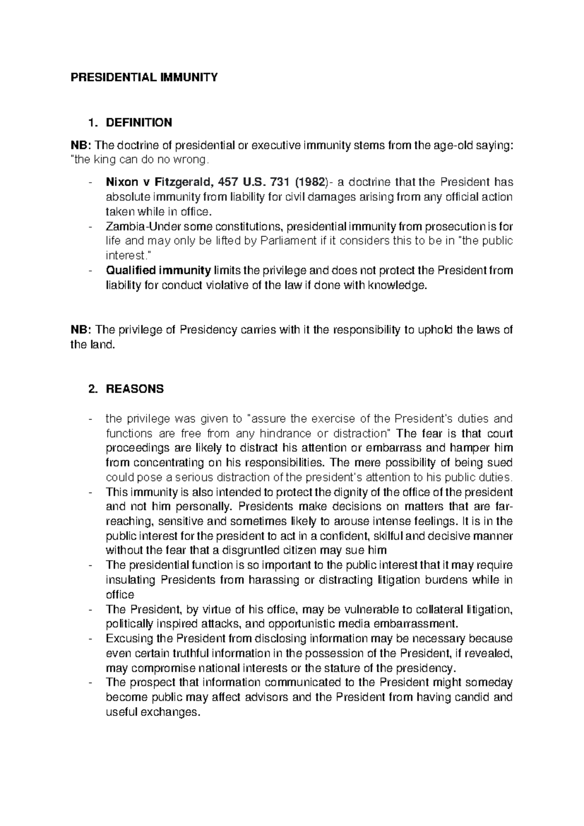 Lecture Notes on Presidential Immunity and Accountability - Studocu