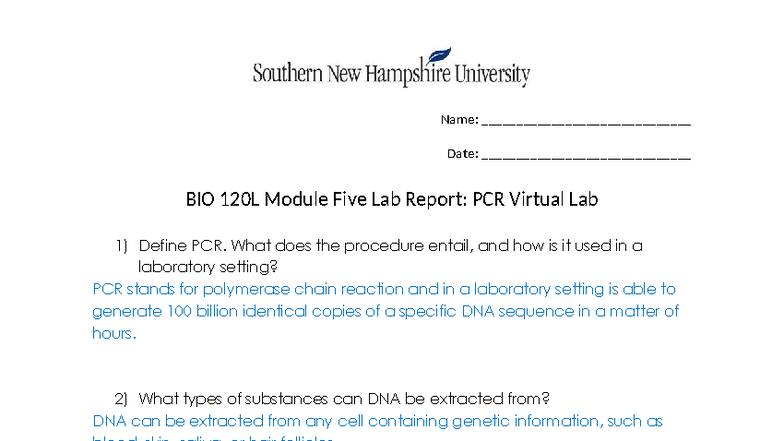 BIO 120L Final Lab Report: Module Five PCR Virtual Lab Overview - Studocu
