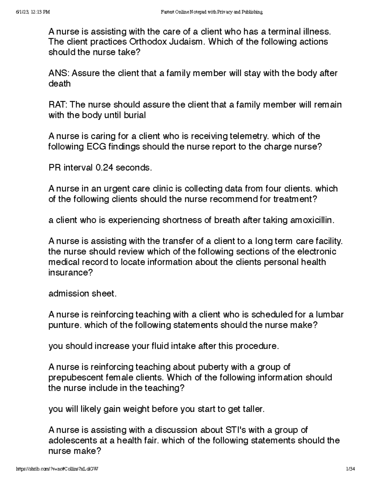 Comp - Practice Nursing Questions for Exam Preparation - Studocu