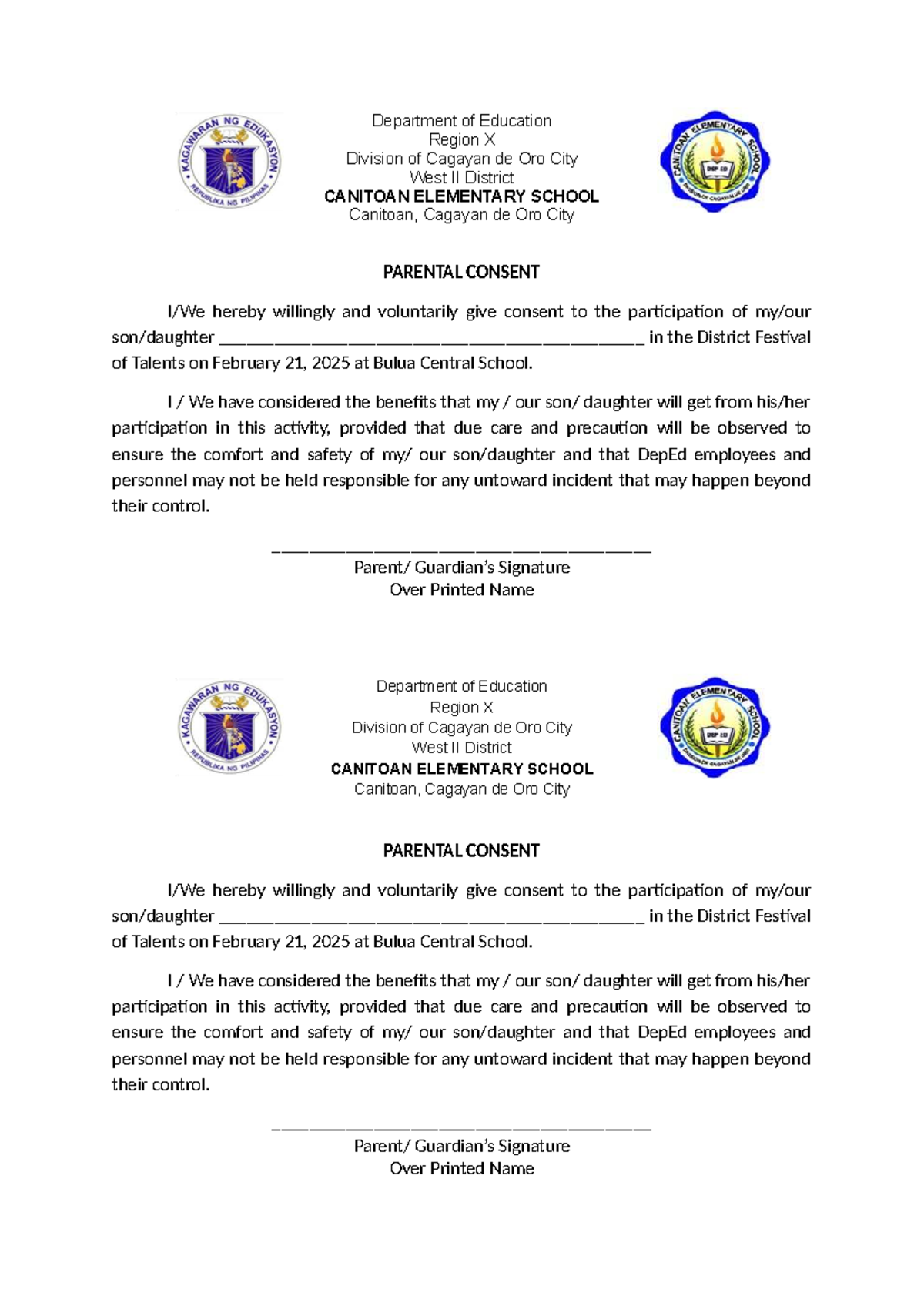 DFOT 2025: Parental Consent for District Festival of Talents - Studocu