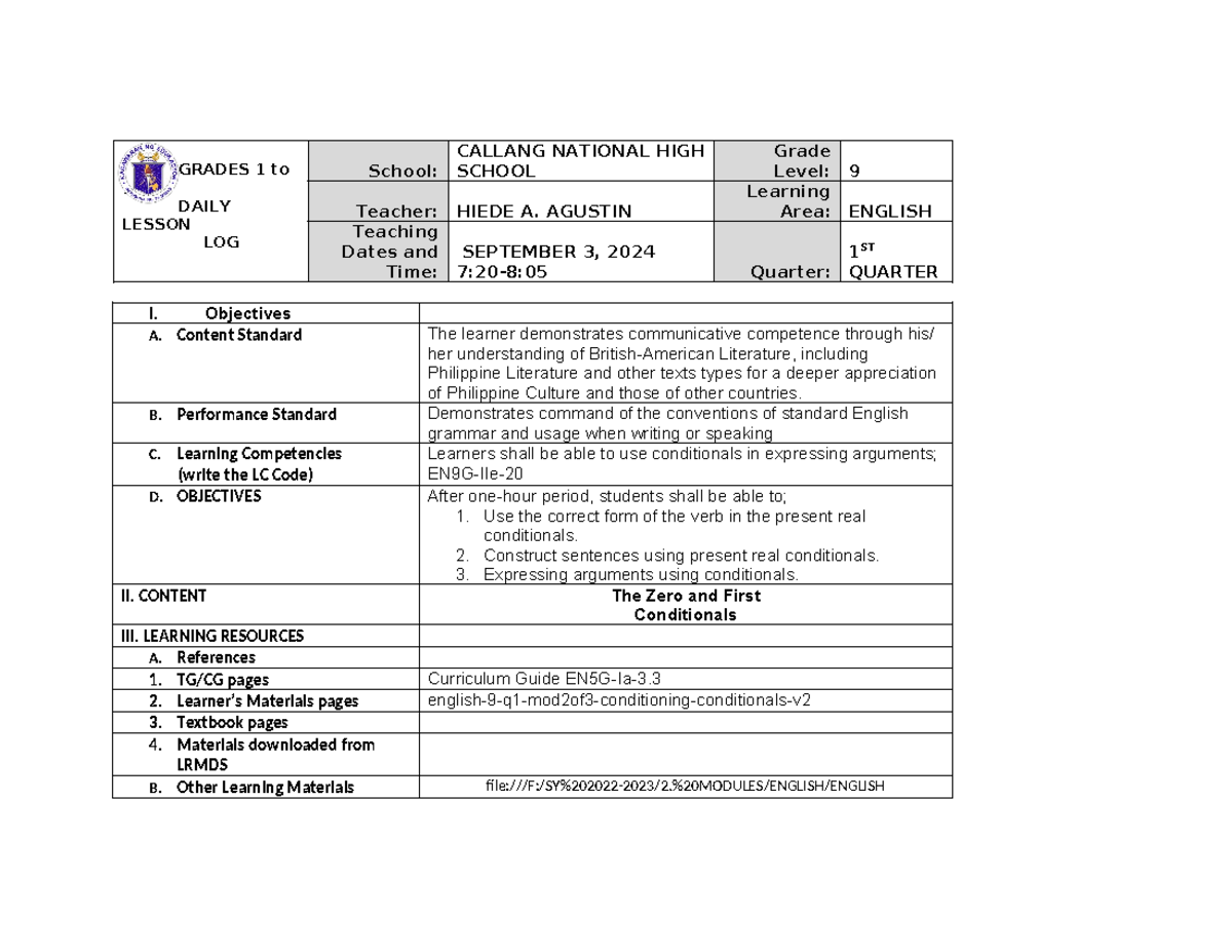Classroom Observation Log: Grade 9 English Lesson on Conditionals - Studocu