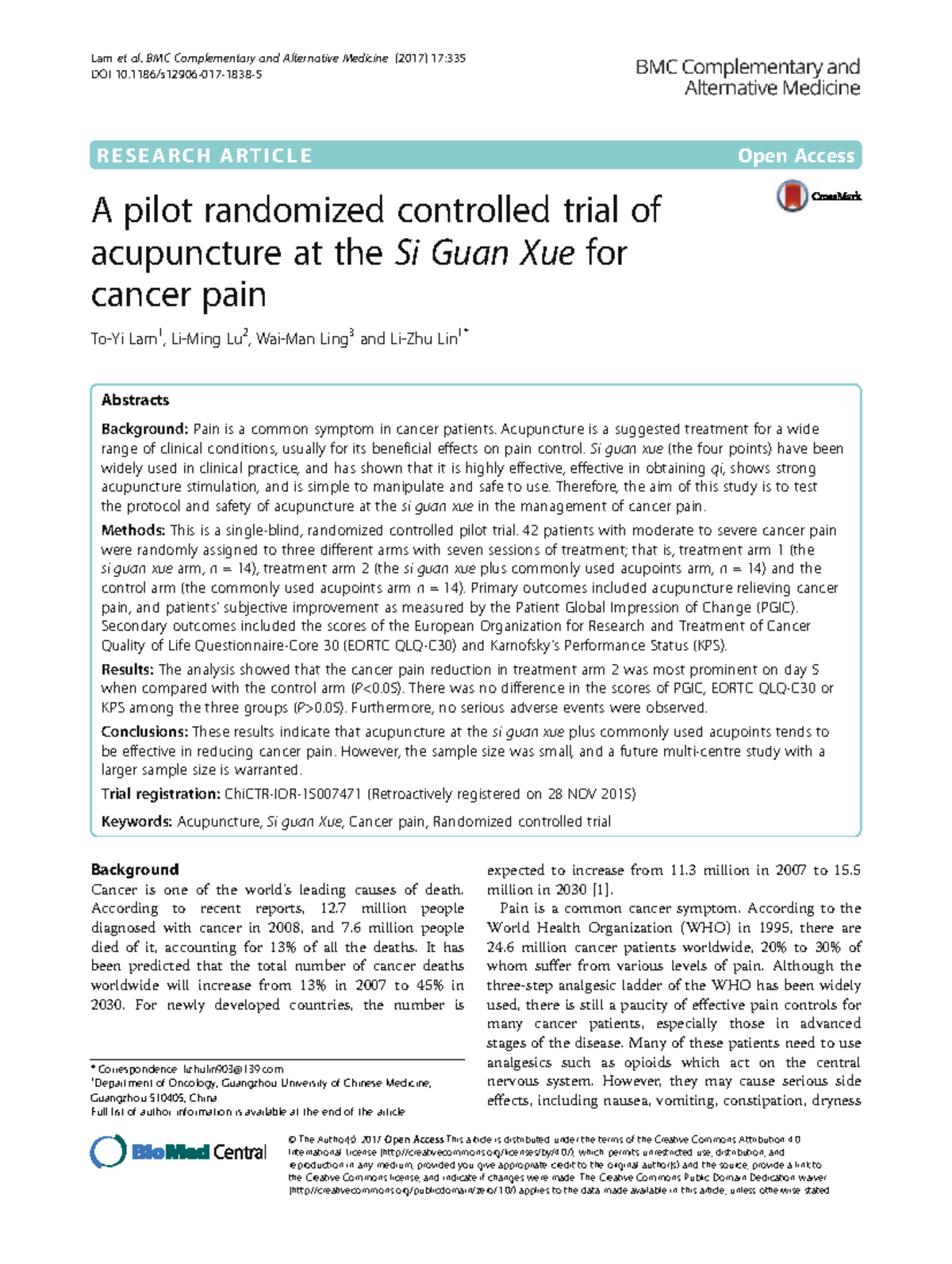 Pilot RCT of Acupuncture at Si Guan Xue for Cancer Pain Management (LAM ...
