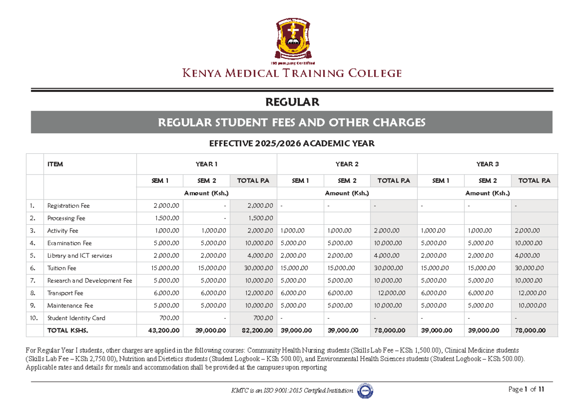 KMTC Regular Student Fees & Charges Structure 2025/2026 - Studocu
