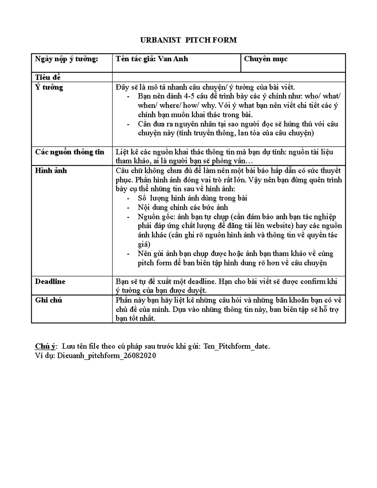 Sample pitchform - URBANIST PITCH FORM Ngày nộp ý tưởng: Tên tác giả ...