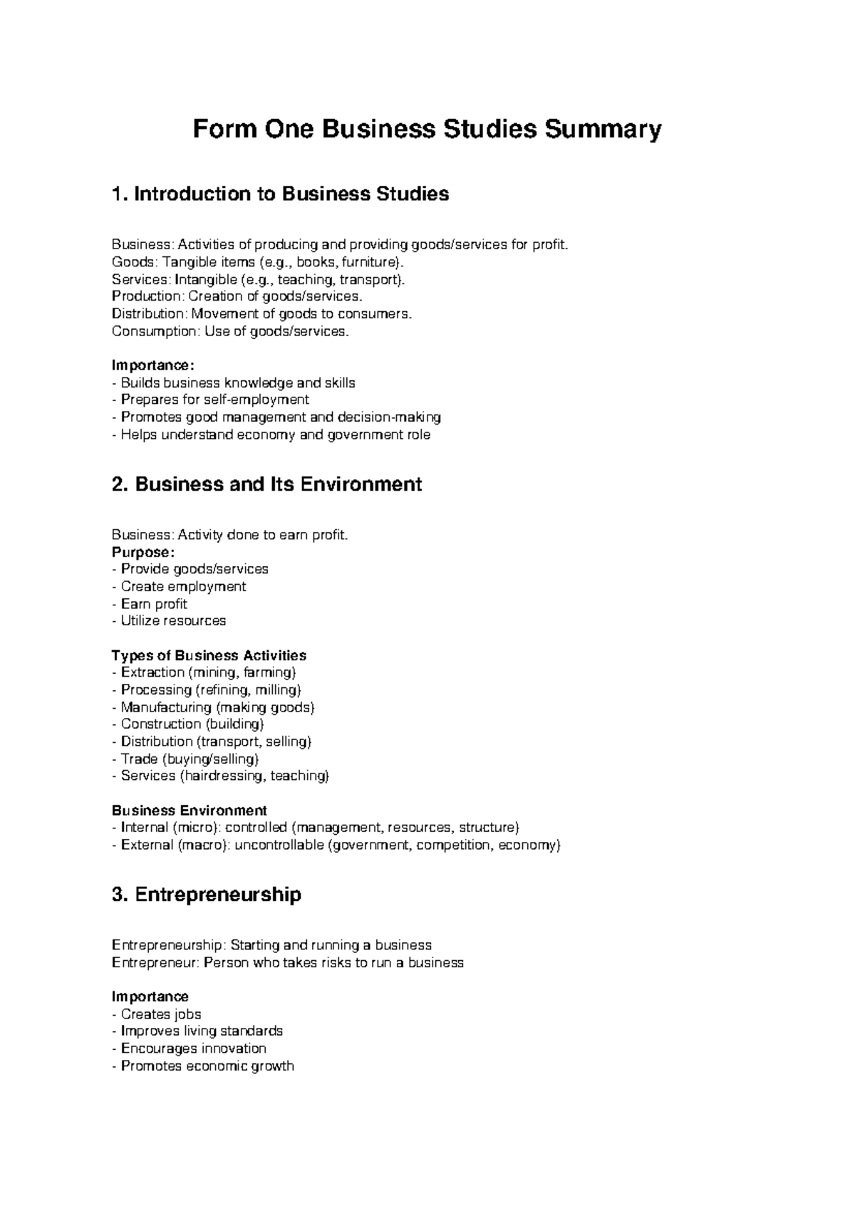 Business Studies Summary (Form 1) - Key Concepts & Insights - Studocu