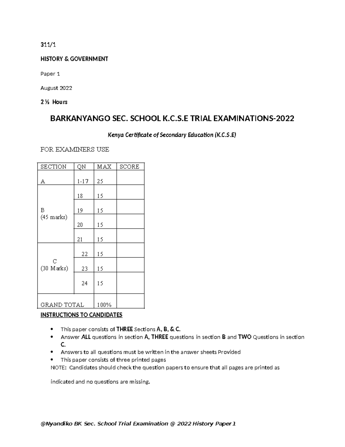 HIST 2022 K.C.S.E Trial Exam Paper 1 - History & Government - Studocu