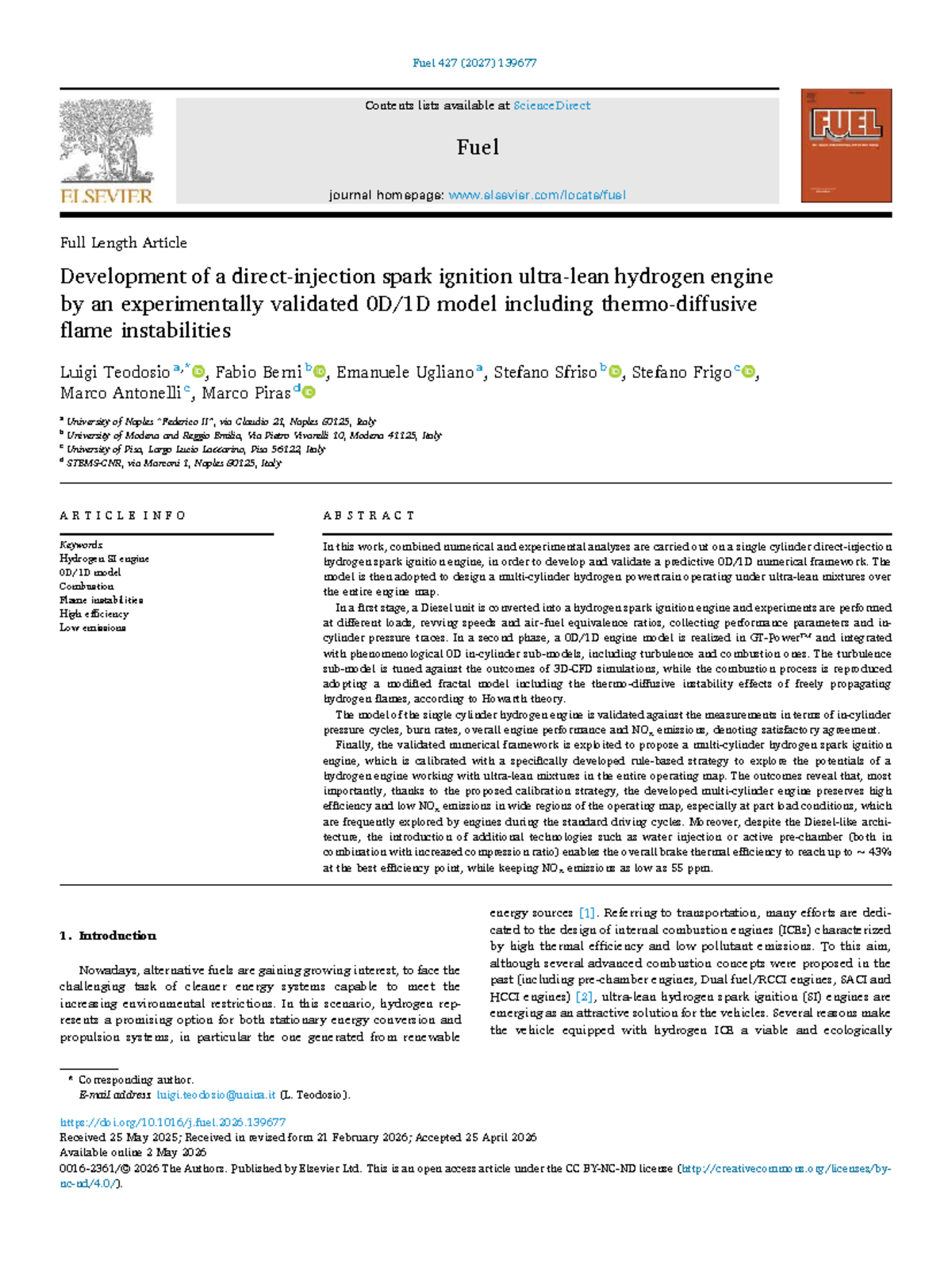 Development of a Spark Ignition Hydrogen Engine: Model Validation and ...
