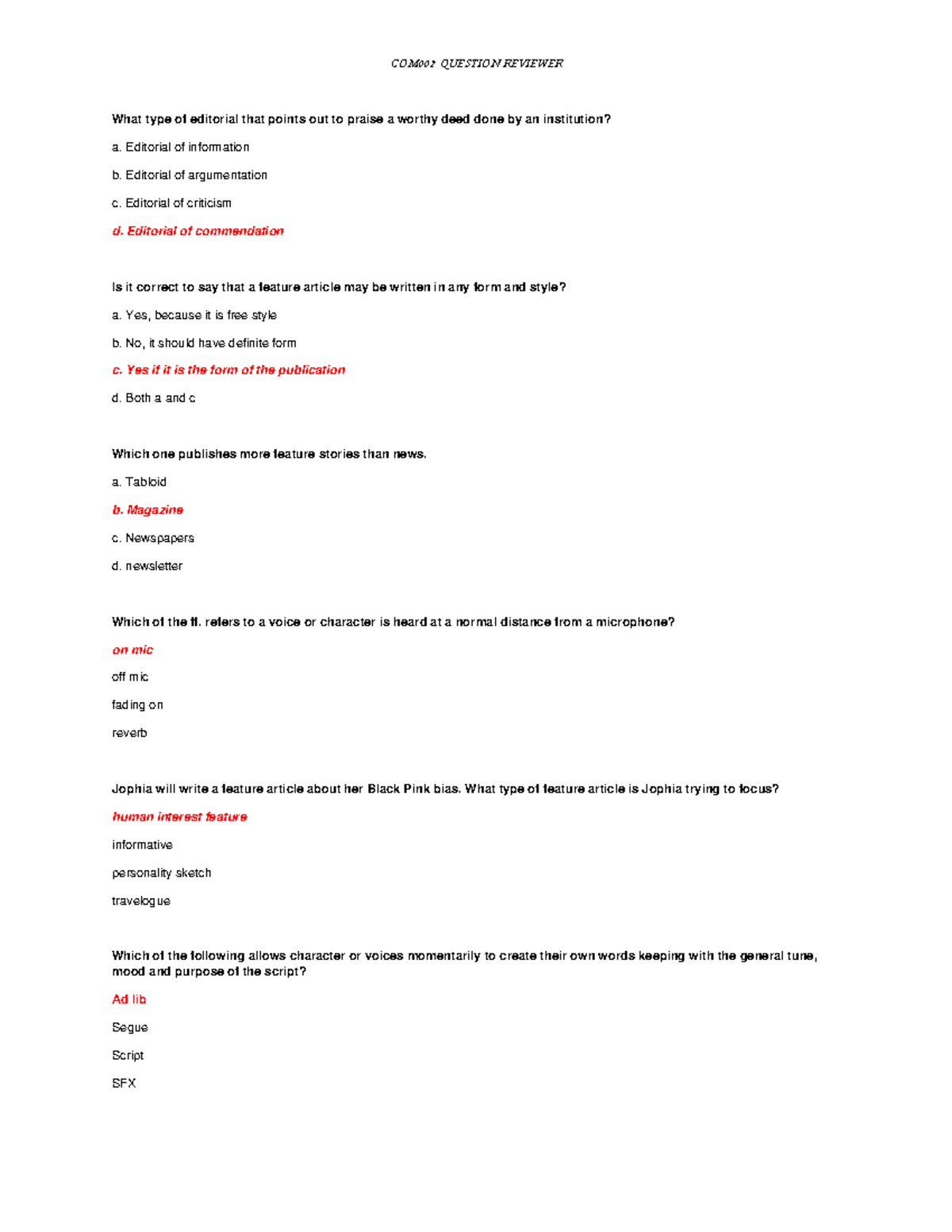 COM002-P2 QUESTION REVIEWER: Feature Writing and Editorial Techniques ...
