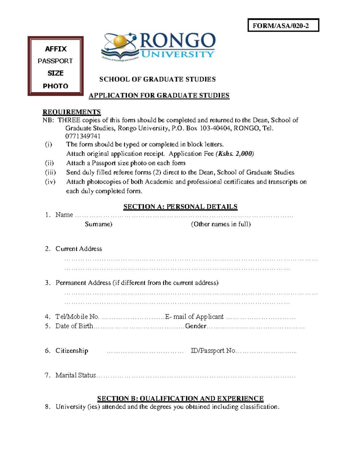 Application for Graduate Studies Form ASA 020 - Requirements and ...
