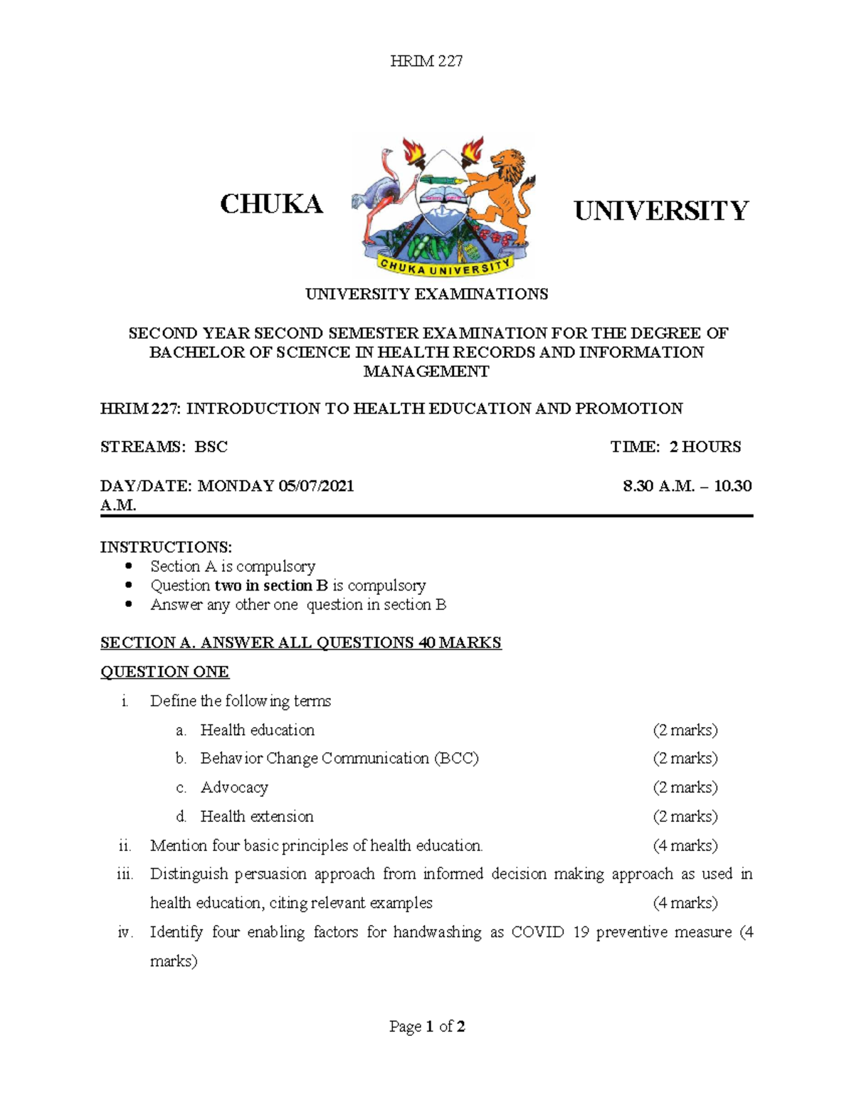 HRIM 227: Introduction to Health Education & Promotion Exam Notes - Studocu