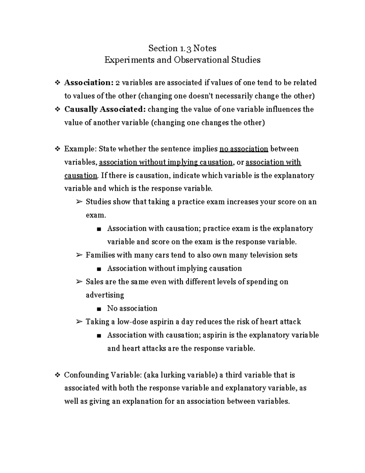 MATH - 116 1.3 Notes - Section 1 Notes Experiments and Observational ...