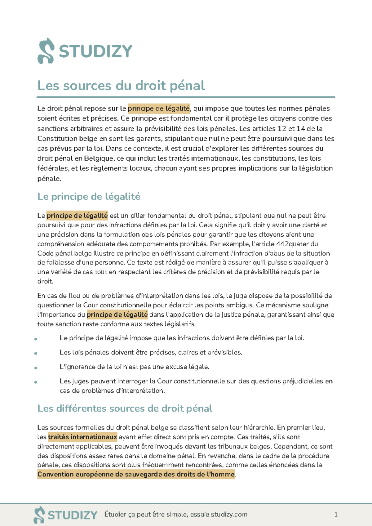 Synthèse sur les Sources et Principes du Droit Pénal en Belgique - Studocu