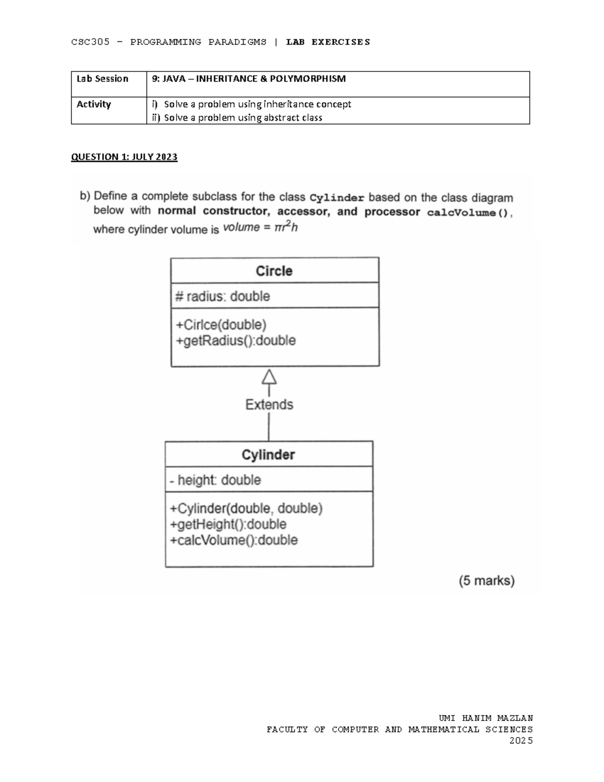 CSC305 LAB EXERCISES: JAVA INHERITANCE & POLYMORPHISM - Studocu