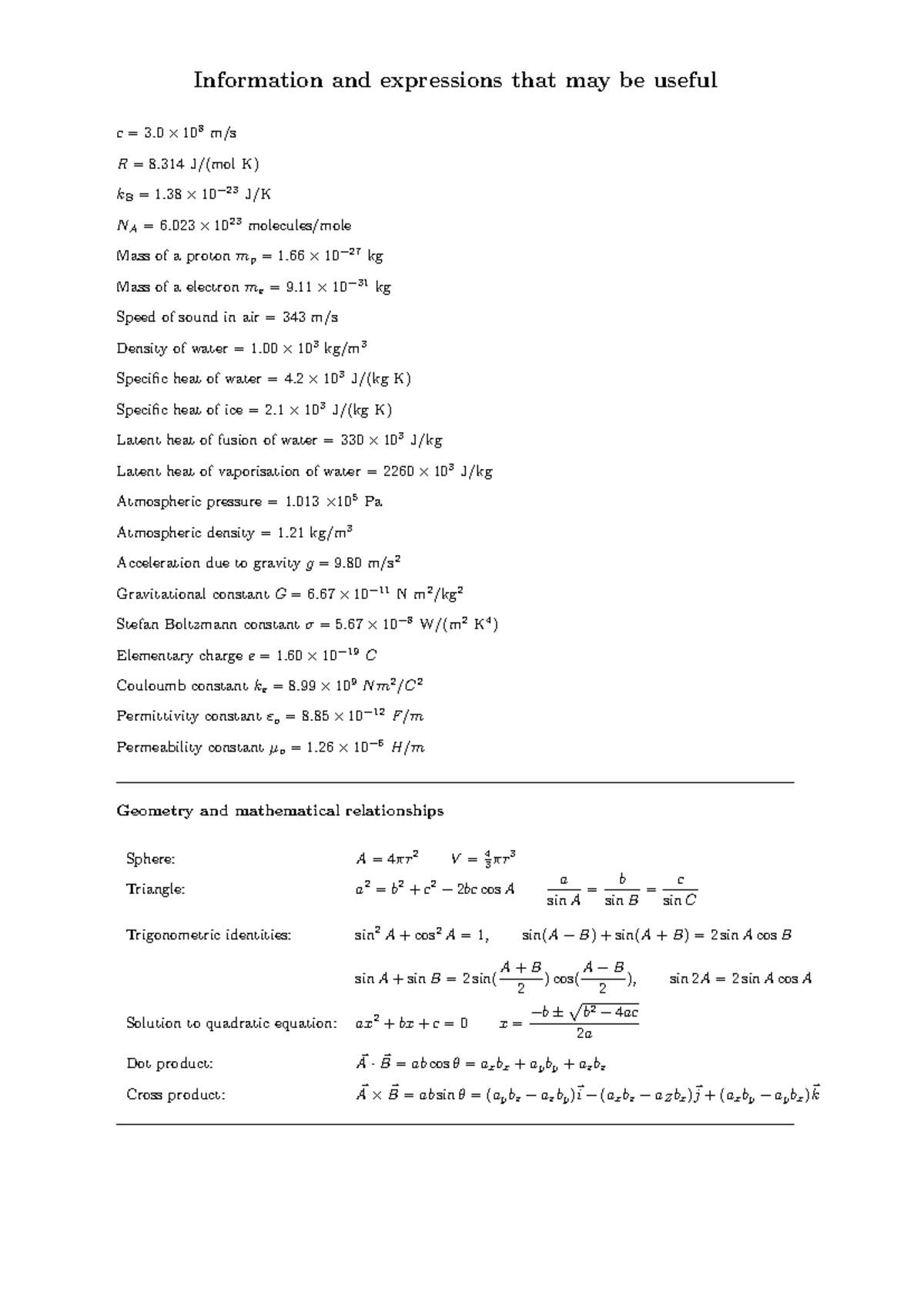 PHYS101 Formula Sheet: Key Equations & Constants for Exam Prep - Studocu