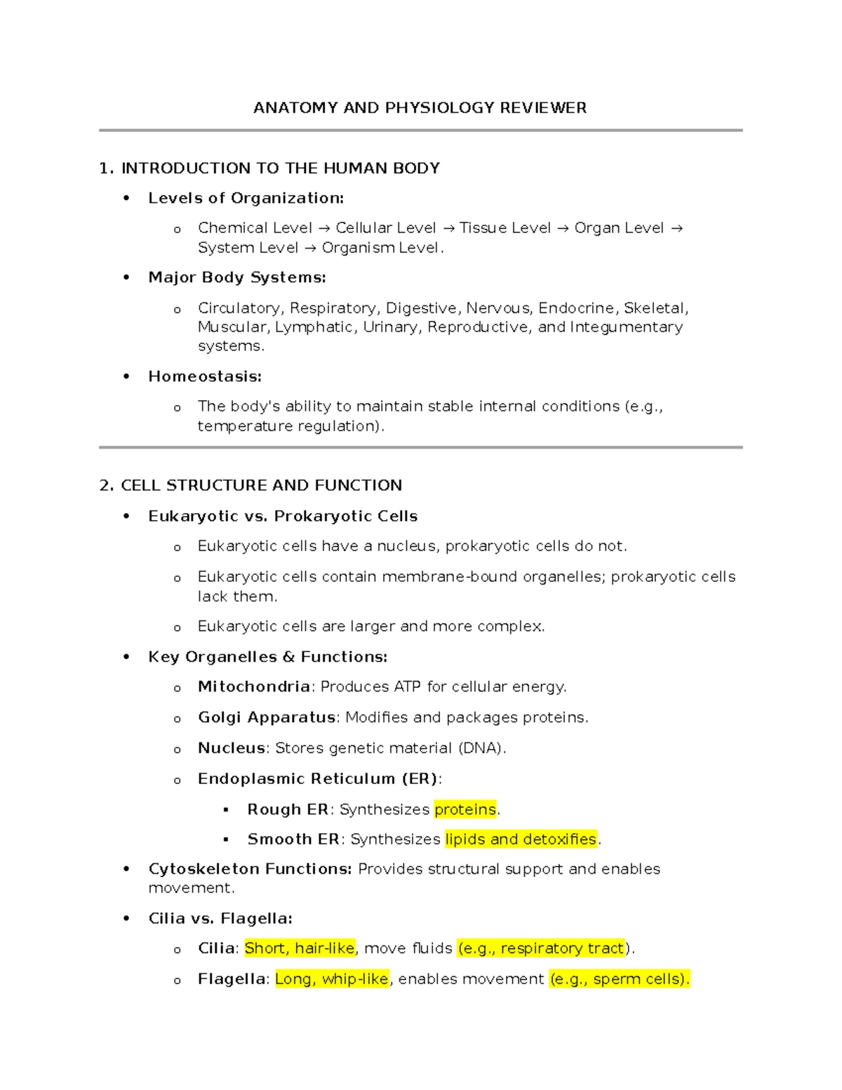 ANATOMY & PHYSIOLOGY: Key Concepts and Subspecialties Overview - Studocu