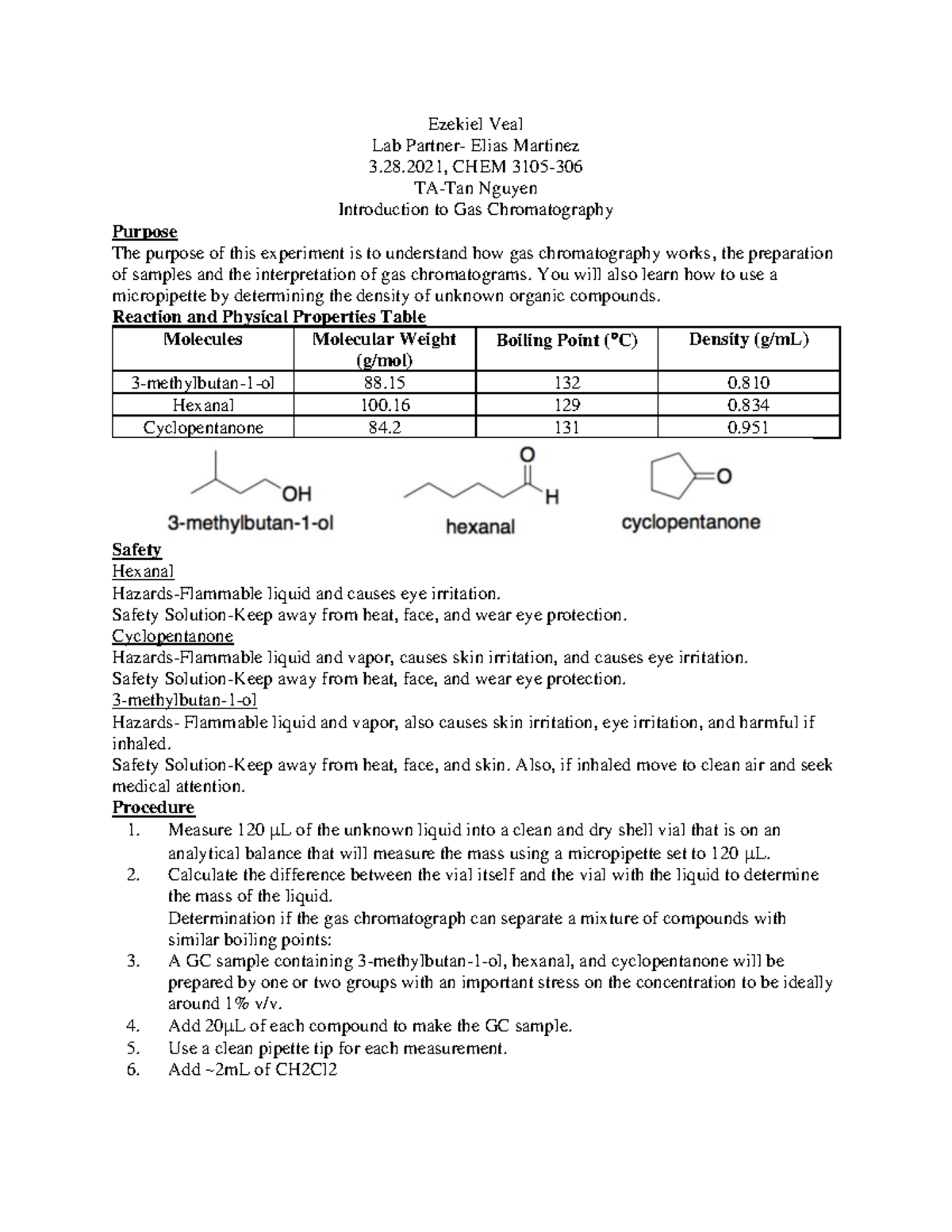 CHEM 3105: Ochem Lab Report 7 - Gas Chromatography Overview - Studocu