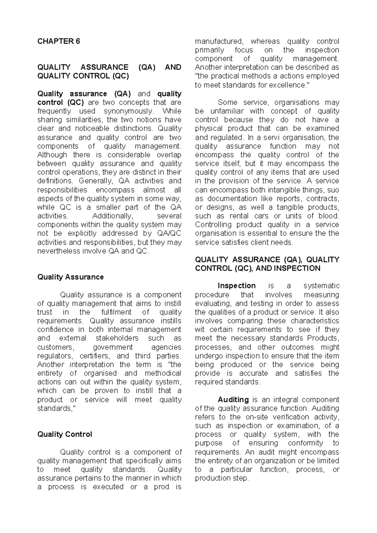 CHAPTER 6: QUALITY ASSURANCE (QA) & QUALITY CONTROL (QC) IN TQM - Studocu