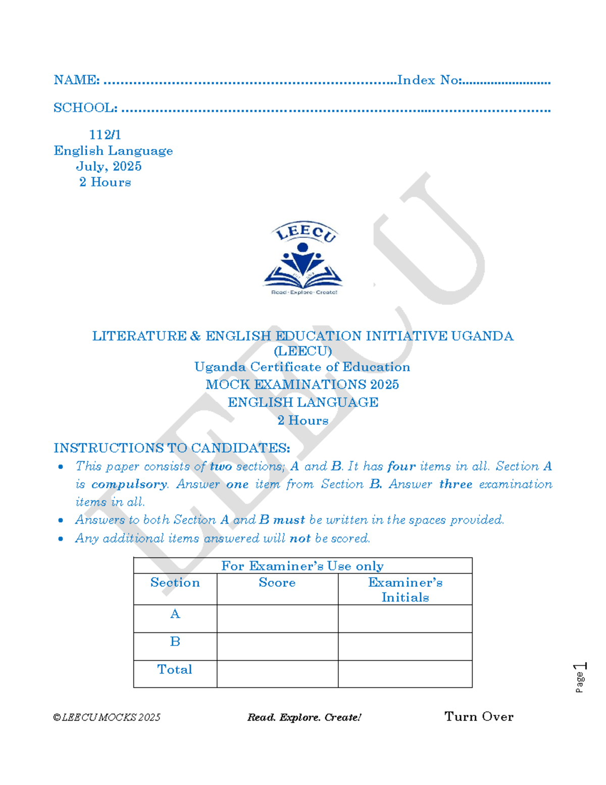 LEECU Mock Exam 2025: English Language Paper Analysis - Studocu