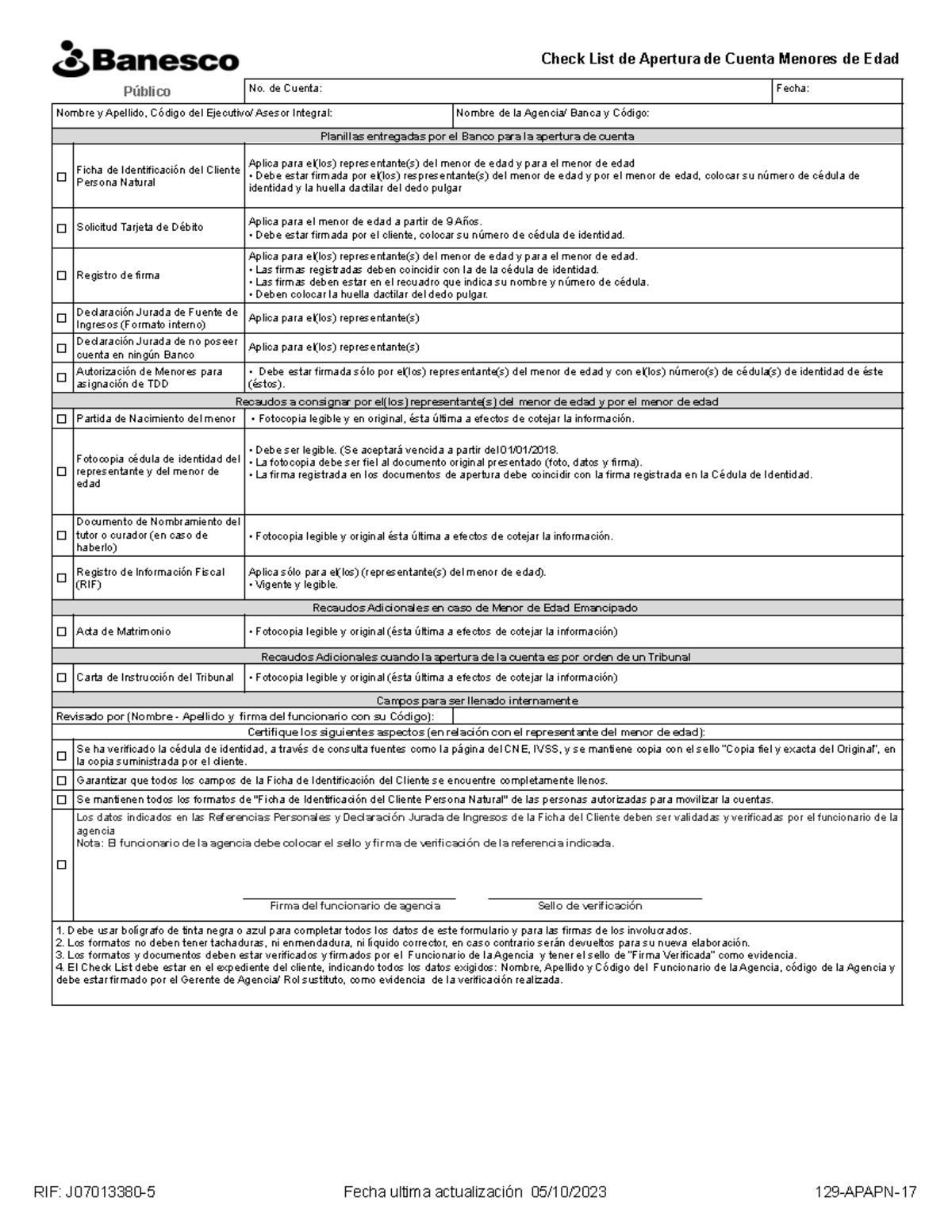 Check list Cuenta Menor de Edad - RIF: J07013380-5 Fecha ultima ...