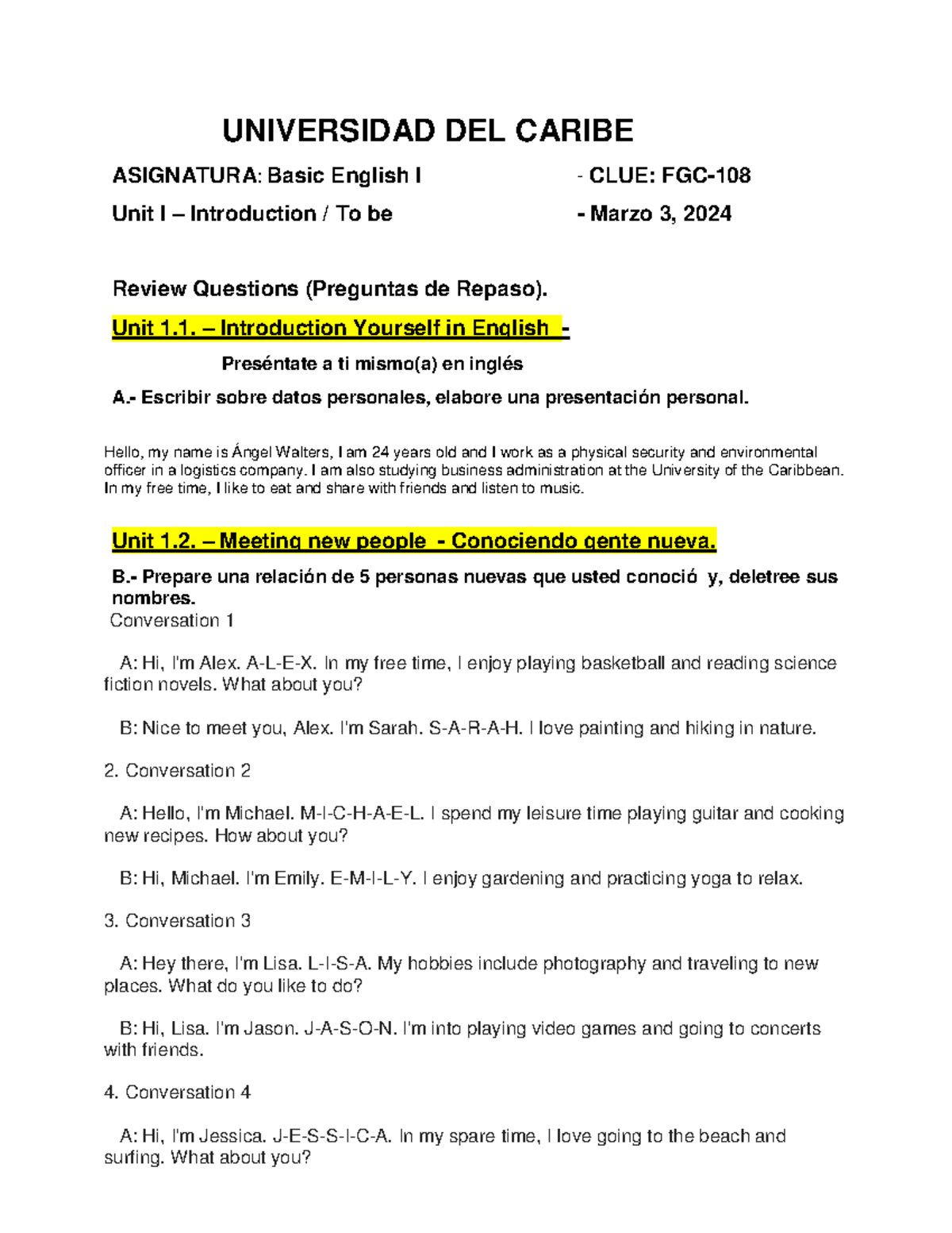 Unicaribe - Repaso - Basic English I FGC-108 - Unit I - Intro to ...