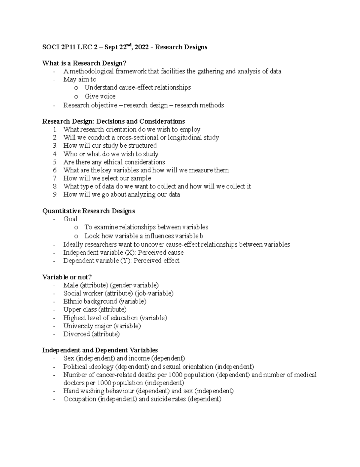 SOCI 2P11 LEC 2 - Research Designs and Quantitative Methods - Studocu