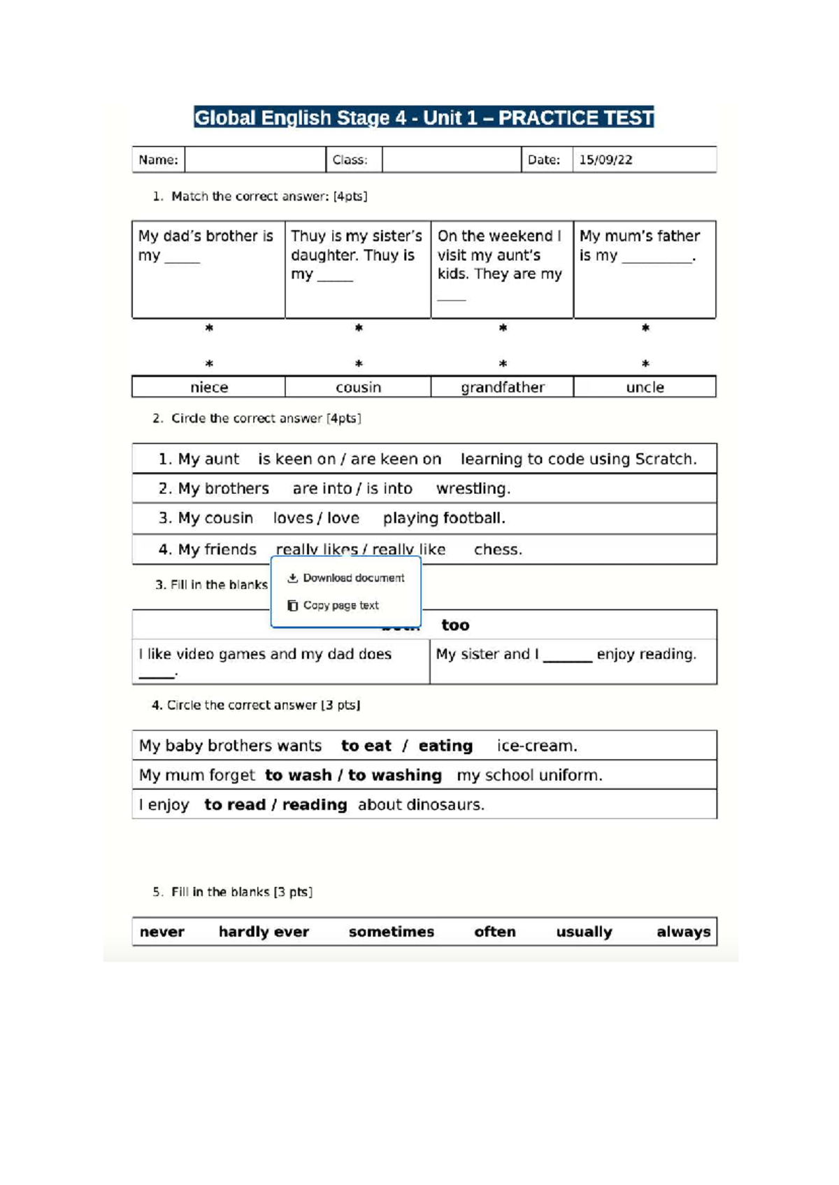 Global English S4 Unit 1 Practice Test - Term 1 Progress - Studocu