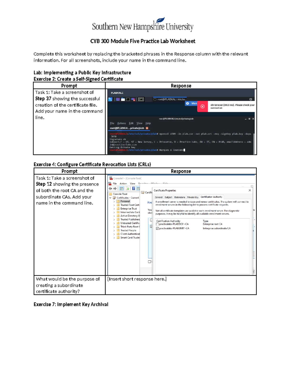 CYB 300 Module 5 Lab: Public Key Infrastructure Practice Worksheet ...