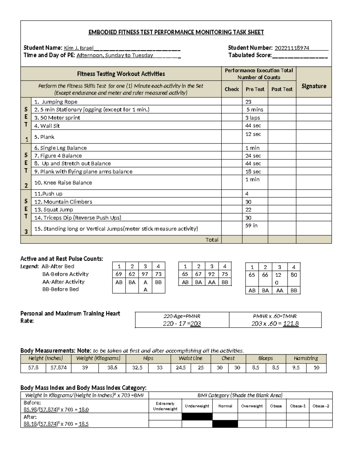 Embodied Fitness PE TEST Performance Monitoring Task Sheet - Studocu