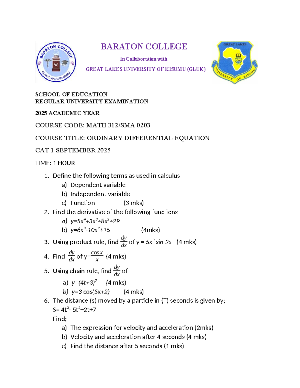 MATH 0203: Ordinary Differential Equations CAT 1 Exam Notes - Studocu