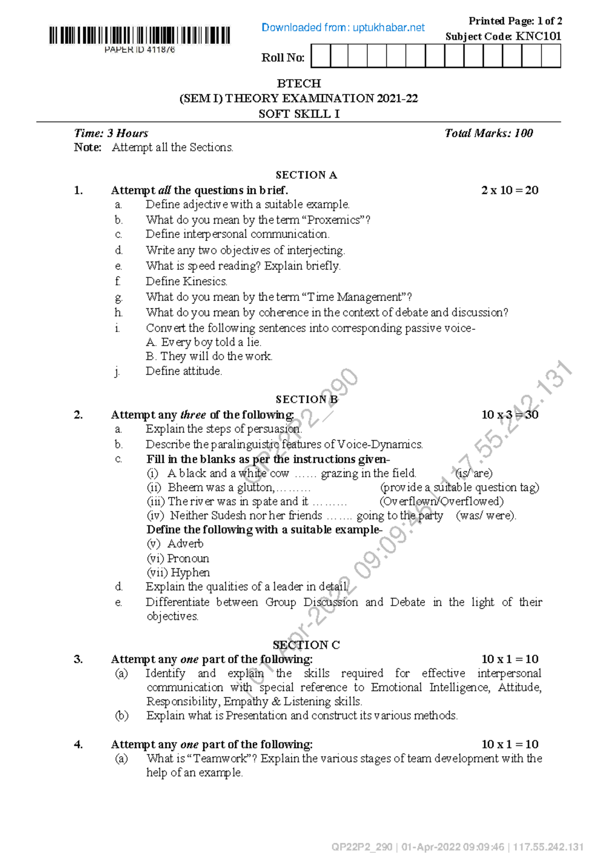 KNC101 BTECH SEM I Soft Skill I Theory Exam PYQ - Studocu