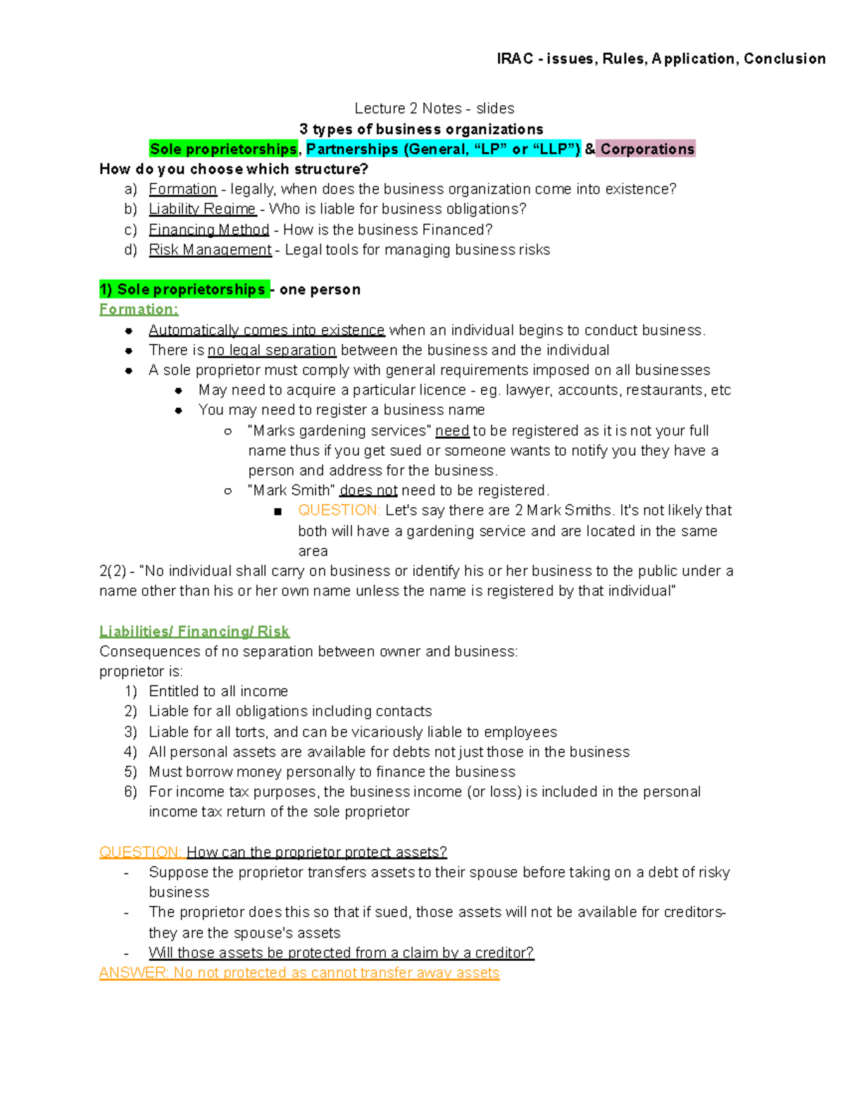BUS 101 Lecture 2 Notes: Business Organizations & Liability Structures ...