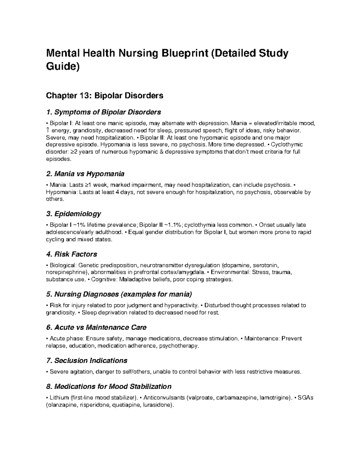 Mental Health Nursing Blueprint: Chapter 13 - Bipolar Disorders Study ...