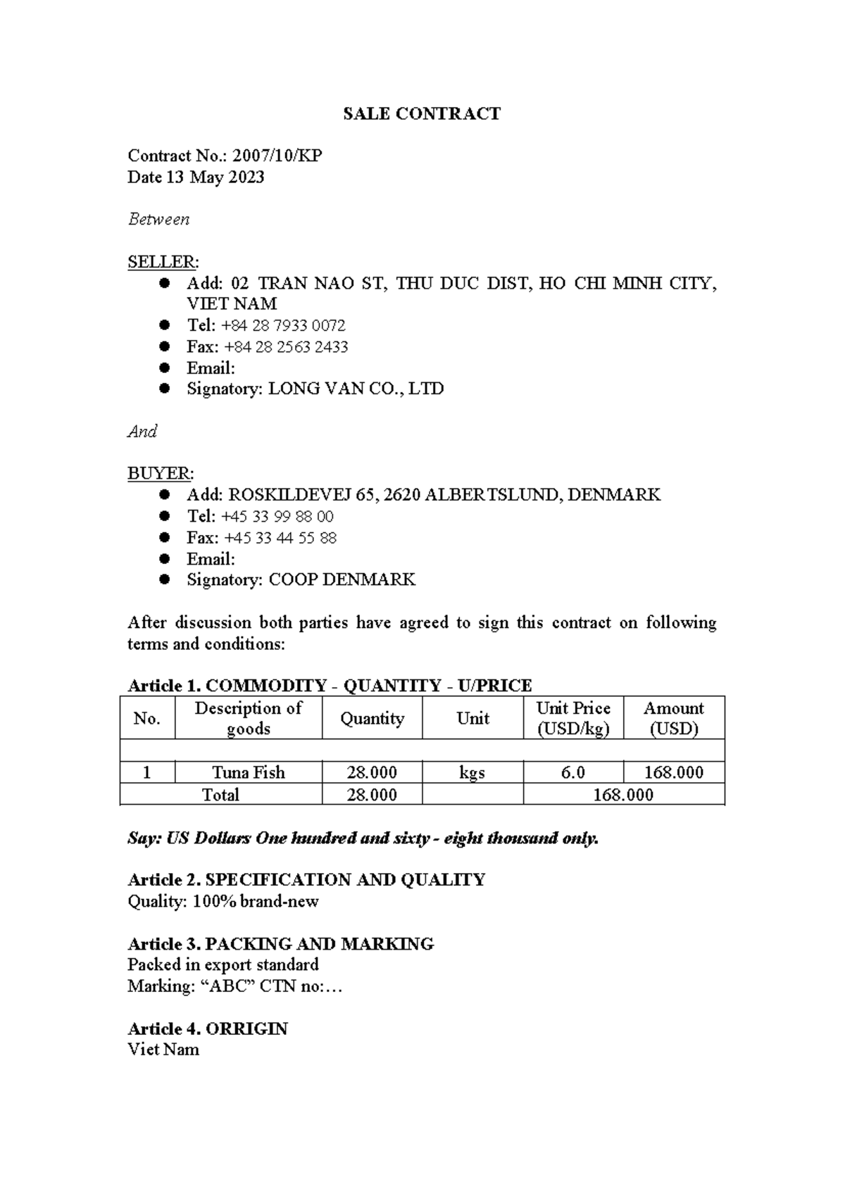 SALE CONTRACT No. 2023-05-13: Tuna Fish Shipment Terms - Studocu