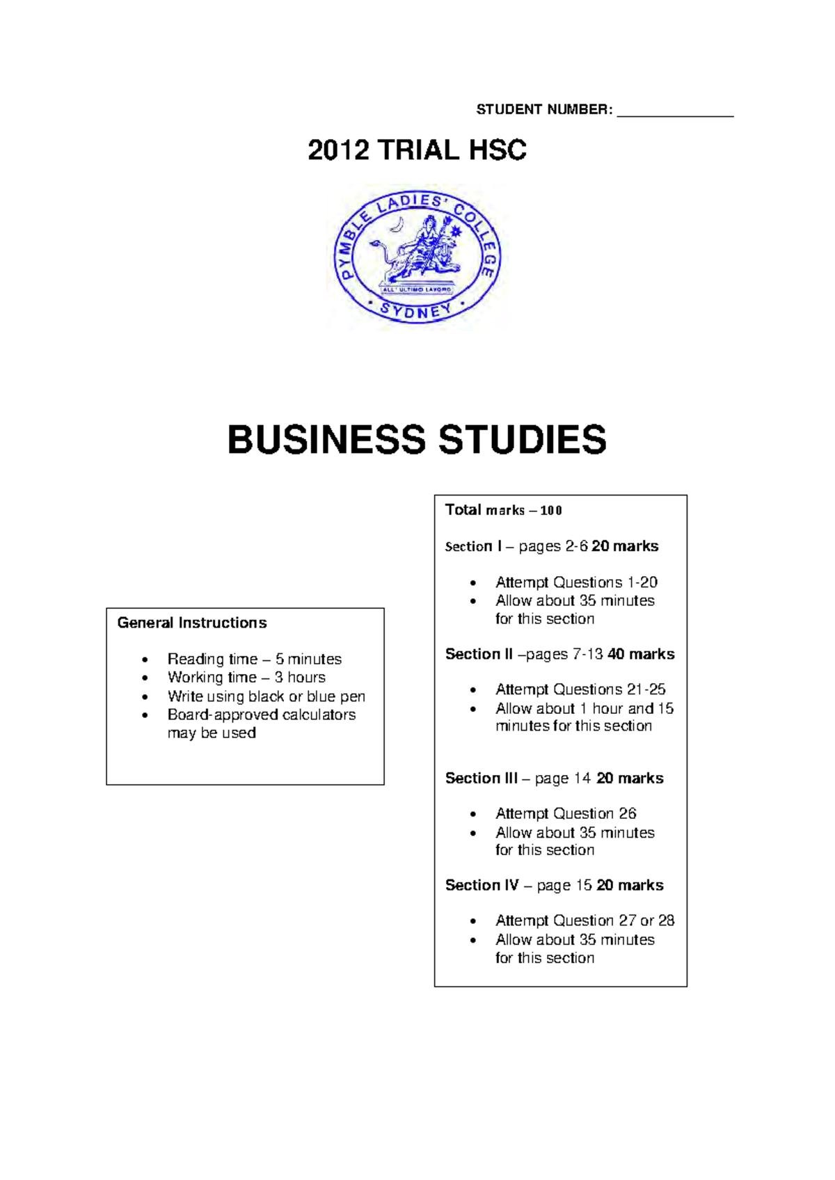 2012 HSC Business Studies - Pymble Trial Exam Solutions - Studocu