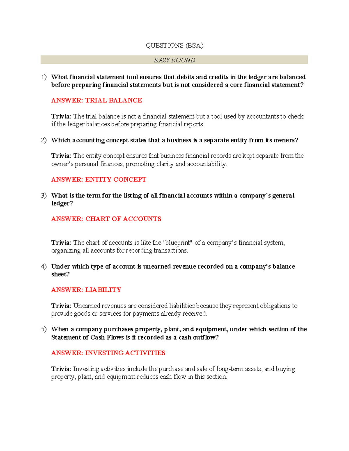 Questions bsa updated - QUESTIONS (BSA) EASY ROUND 1) What financial ...