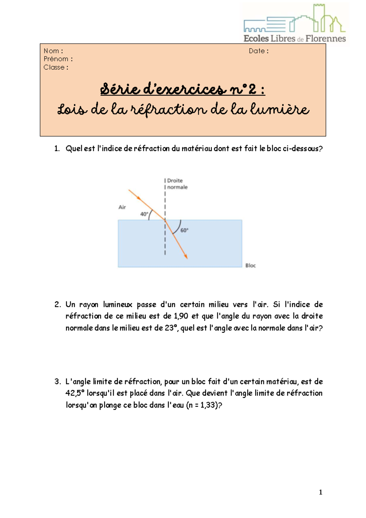 EXO n°2 : Lois de la Réfraction de la Lumière - Étude Complète - Studocu