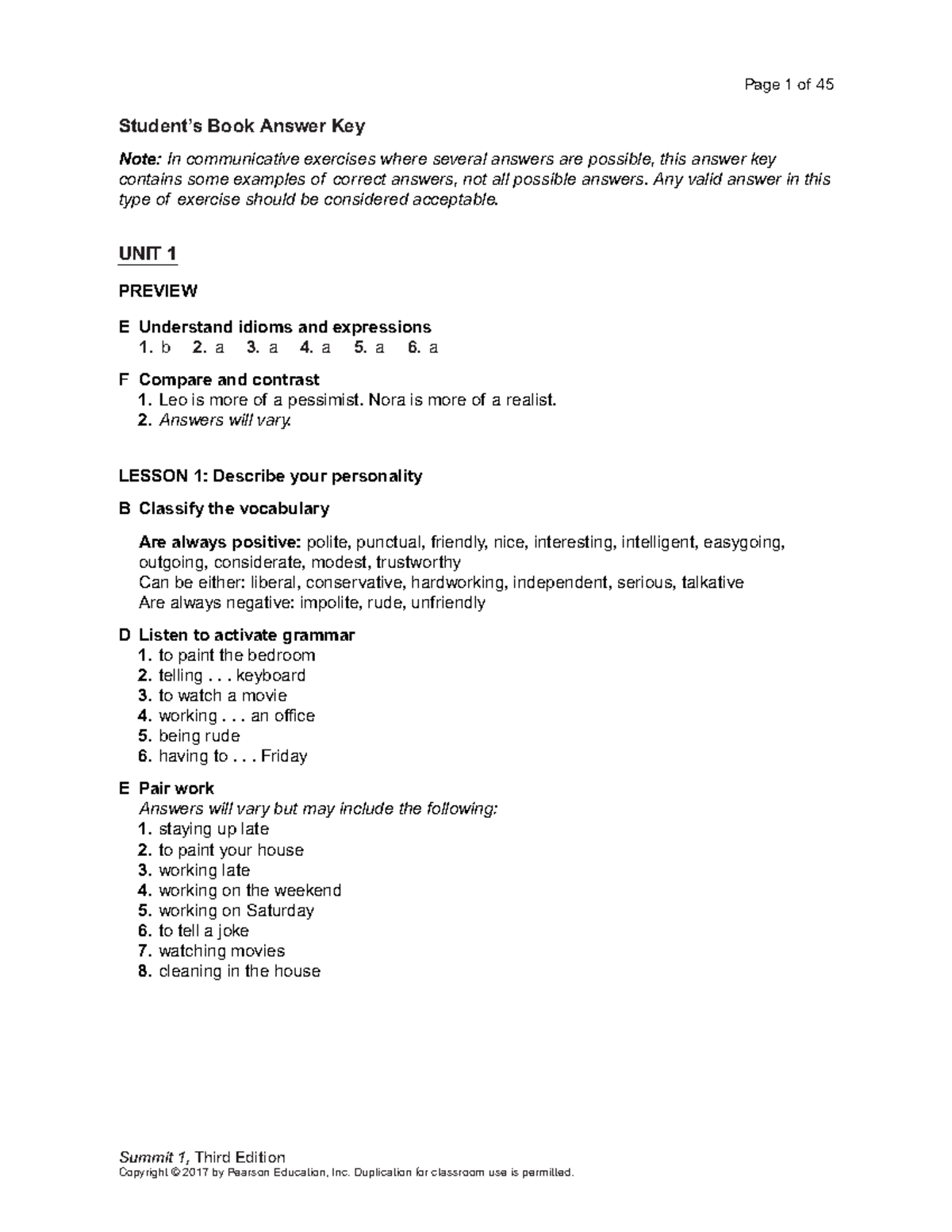 Sm1 answer-1 - Hhhh - Summit 1, Third Edition Student’s Book Answer Key ...
