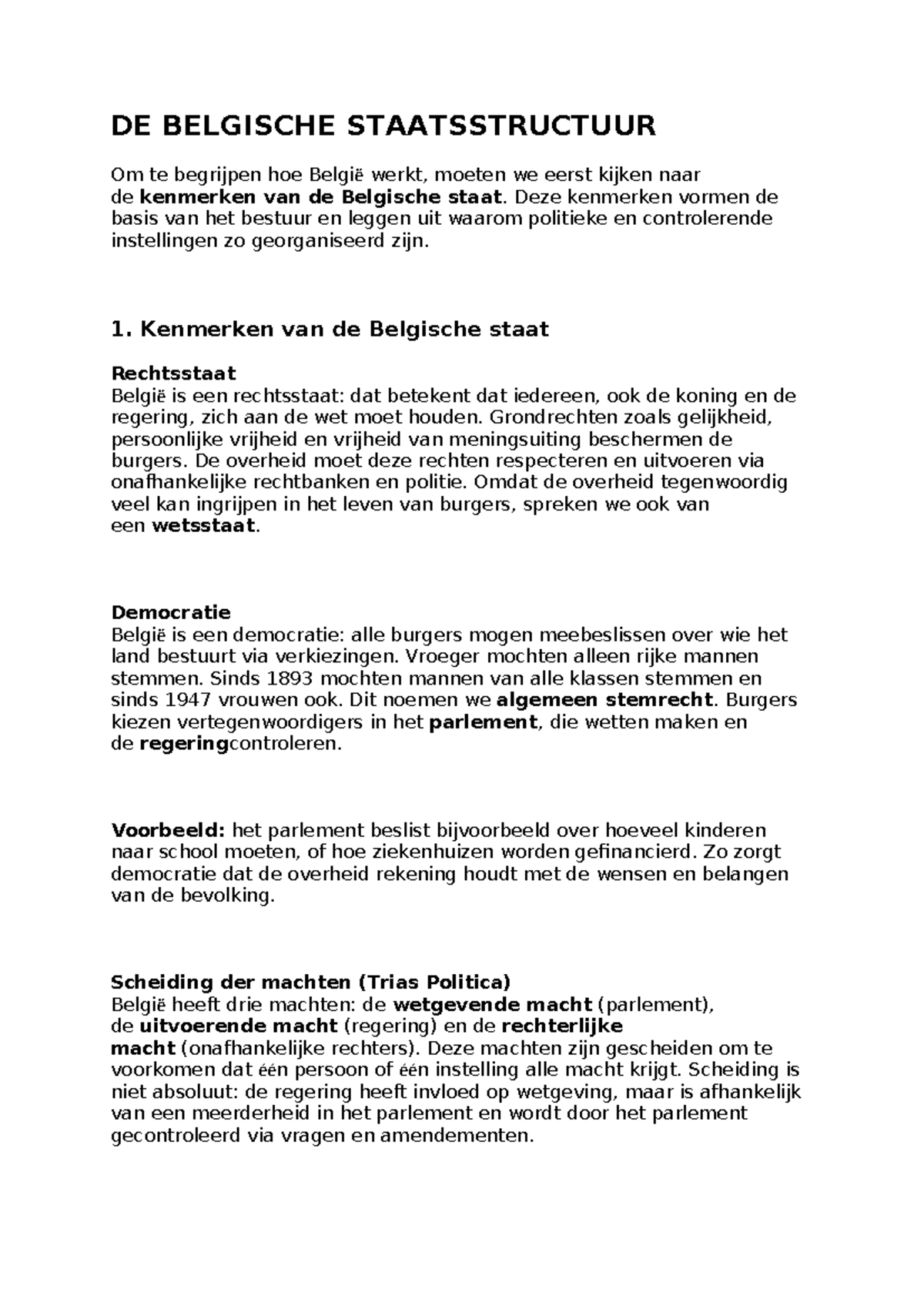 DE BELGISCHE STAATSSTRUCTUUR: Kenmerken en Politieke Instellingen - Studocu