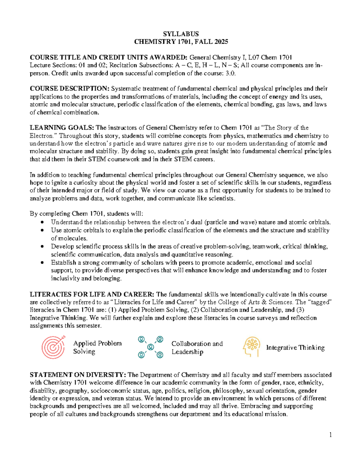 Chem 1701 Syllabus: General Chemistry I, Fall 2025 Overview - Studocu