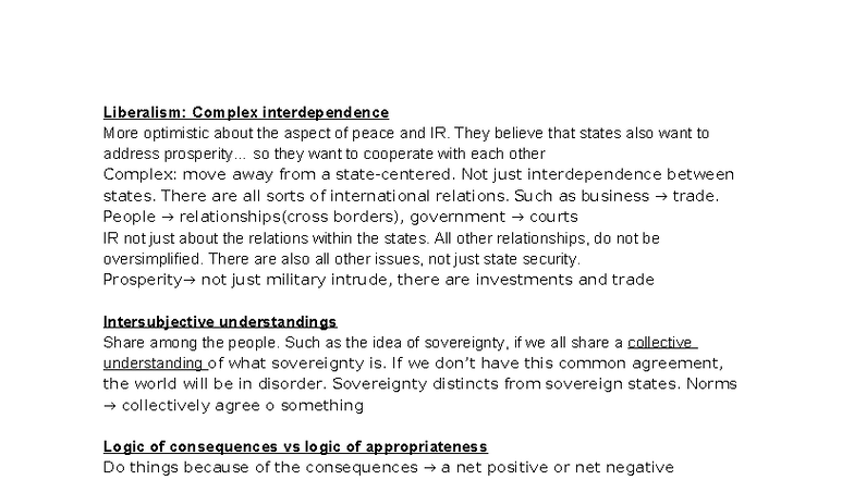 Liberalism and Complex Interdependence in International Relations - Studocu