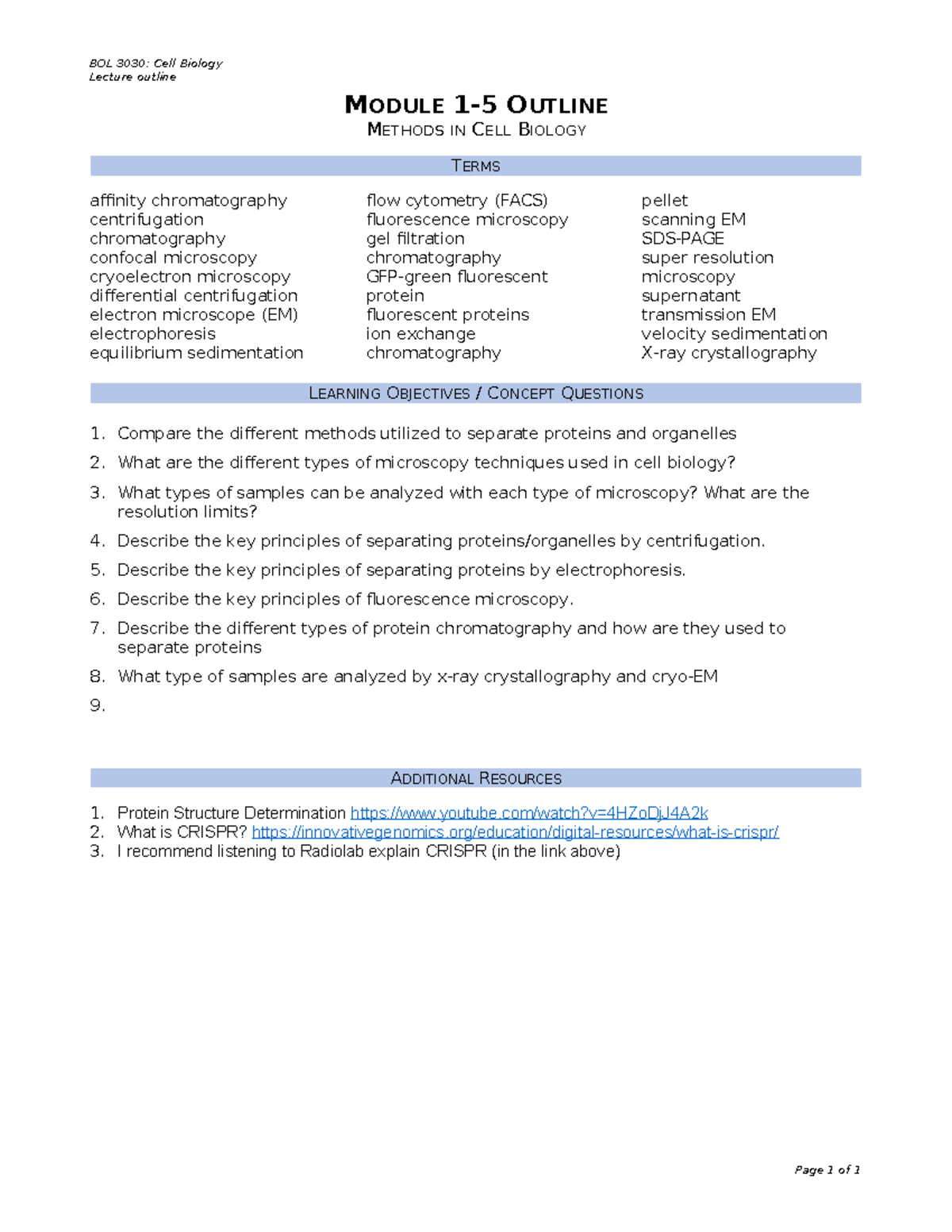 BOL 3030: Cell Biology Lecture Outline - Methods in Cell Biology - BOL ...