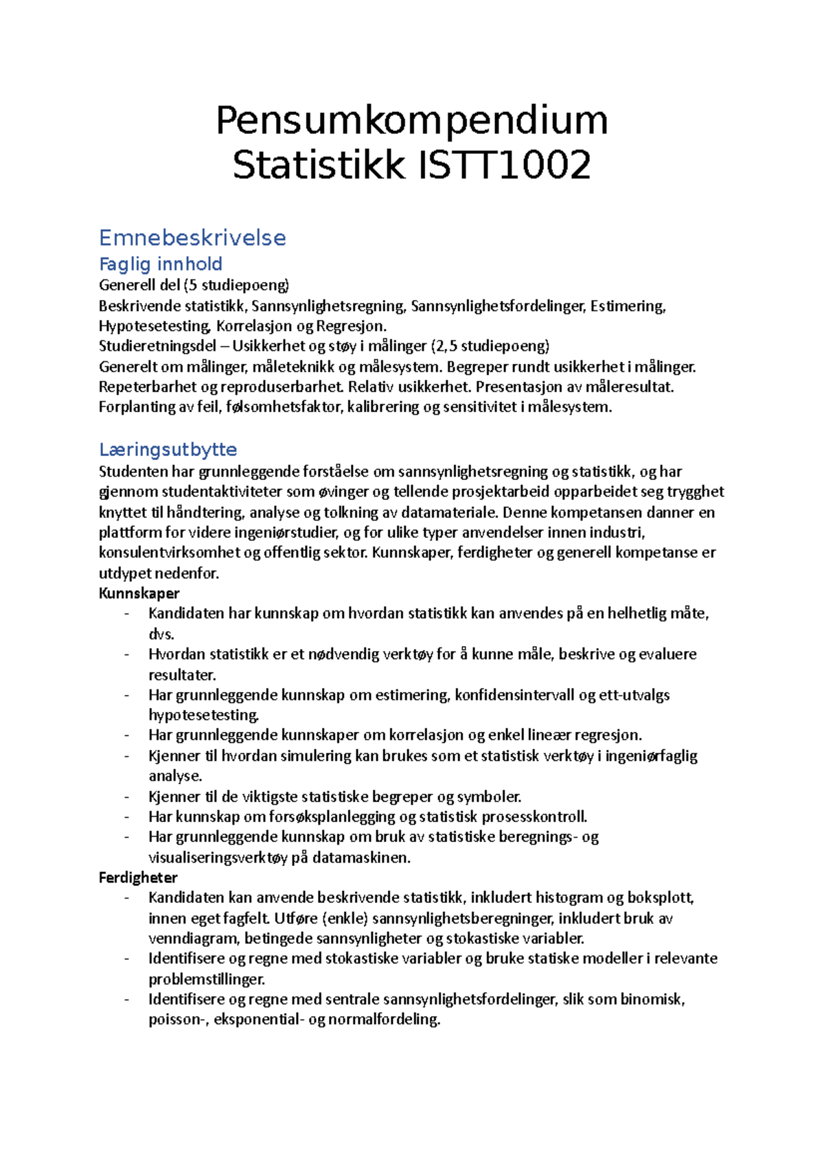 Statistikk og Sannsynlighetsregning for ISTT 5 studiepoeng ...